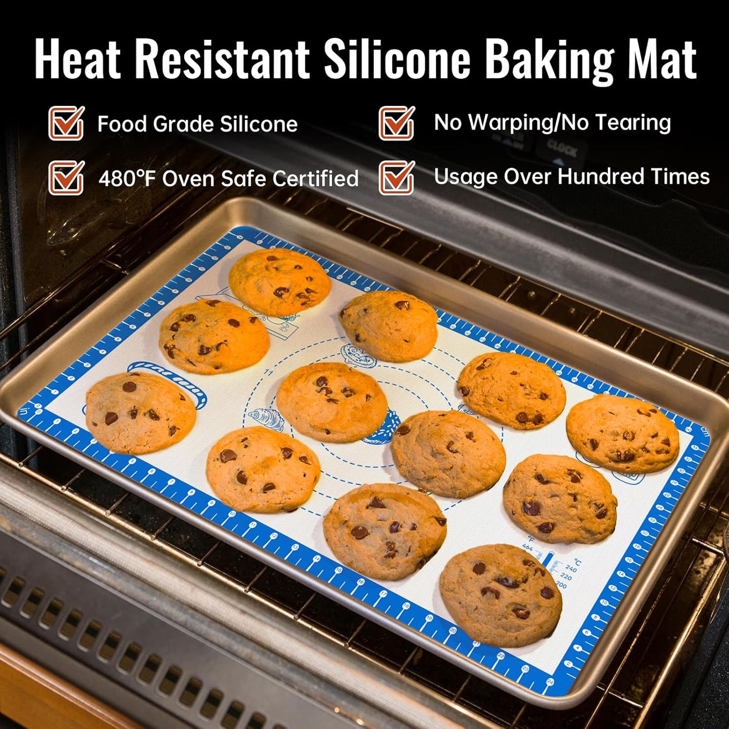 Silicone Baking Mat With 10 Recipes,Silicone Macaron Baking Sheet for Cookie, Pizza, Surdough, Pastry,Dough Rolling out, Non Stik and 480°F Oven Safe