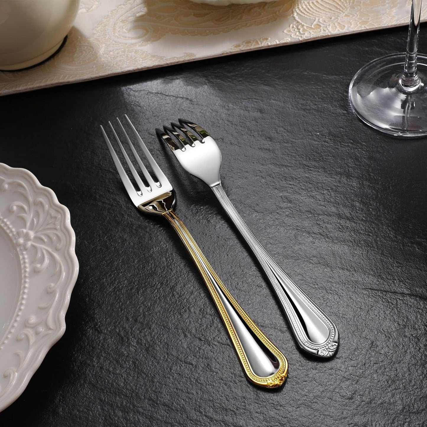 KEAWELL Pearl Edge Premium 65-Piece Refined Bead Silverware Set, 18/10 Stainless Steel, Service for 12, Fine Flatware Set with Serving Utensils, Dishwasher Safe (65, Gold Accent)