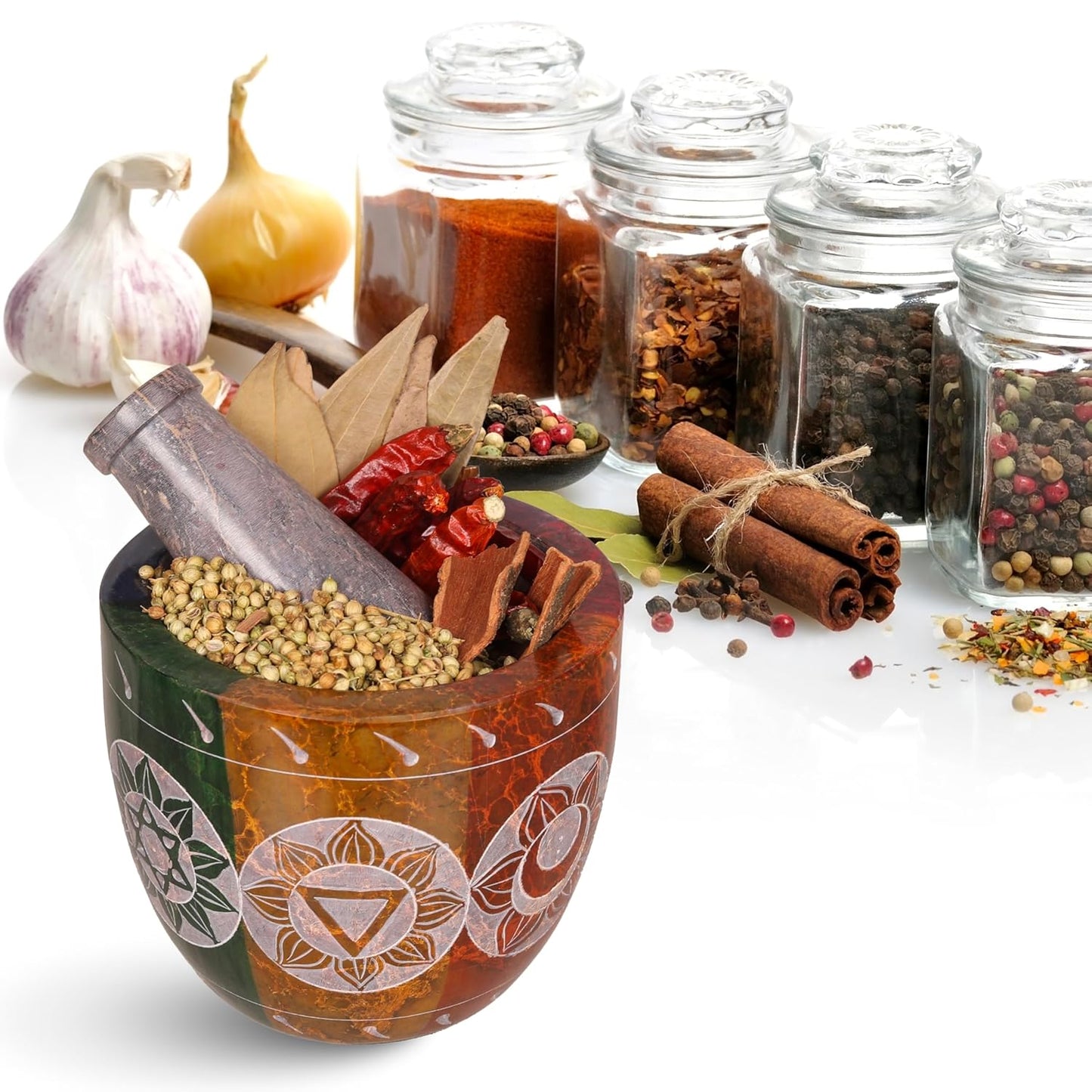 Mortar and Pestle, Made of Heavy Duty Polished Hard Stone, Natural Stone Grinder for Spices, Pastes, Herbs, Seasoning etc. (7 Chakra)