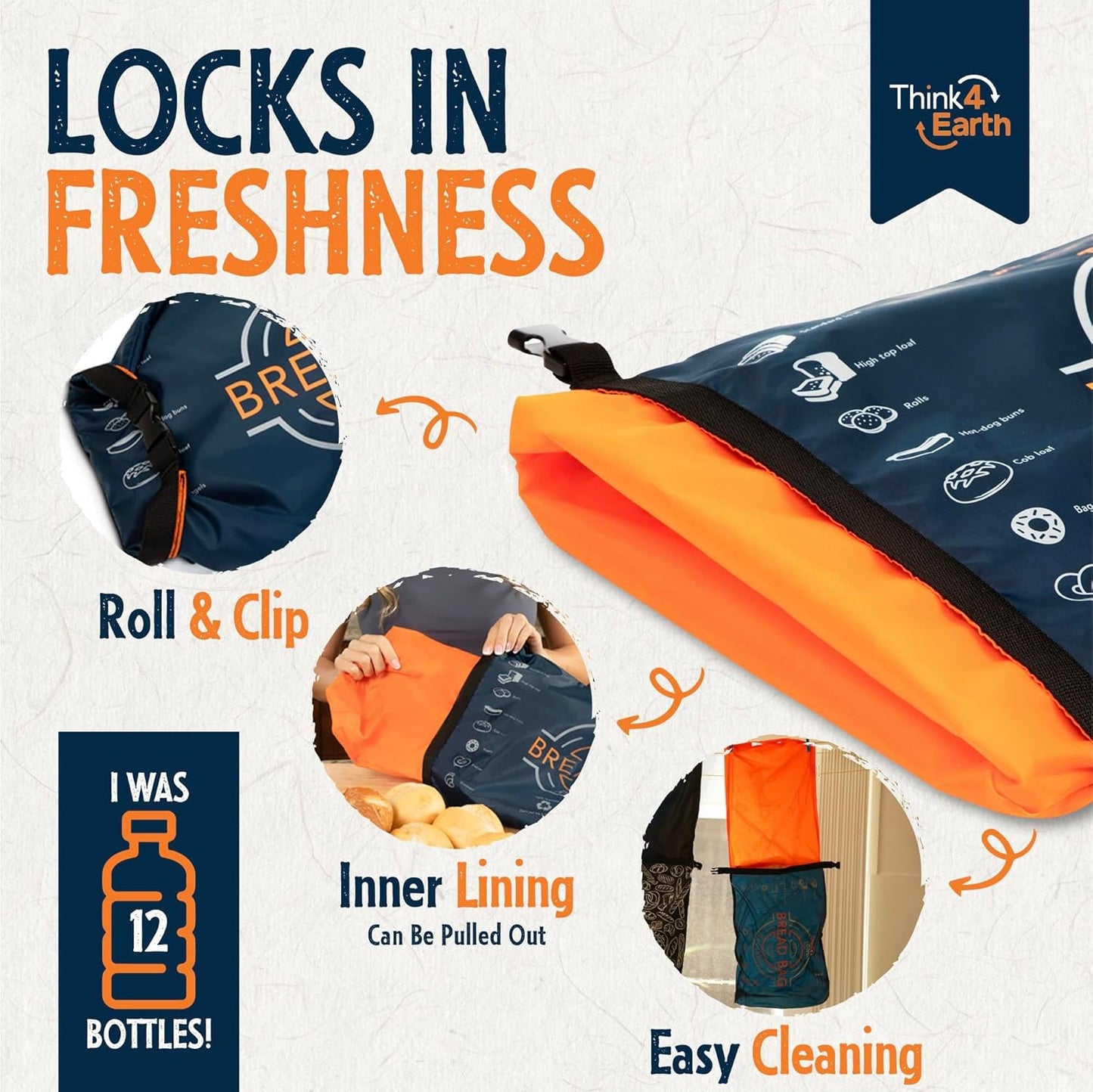 Think4Earth® – Bread Bag - Reusable Freezer Bag for Homemade Bread Maker Gift Giving - Container for Sourdough Loafs Storage, Large Bags with Double Lining