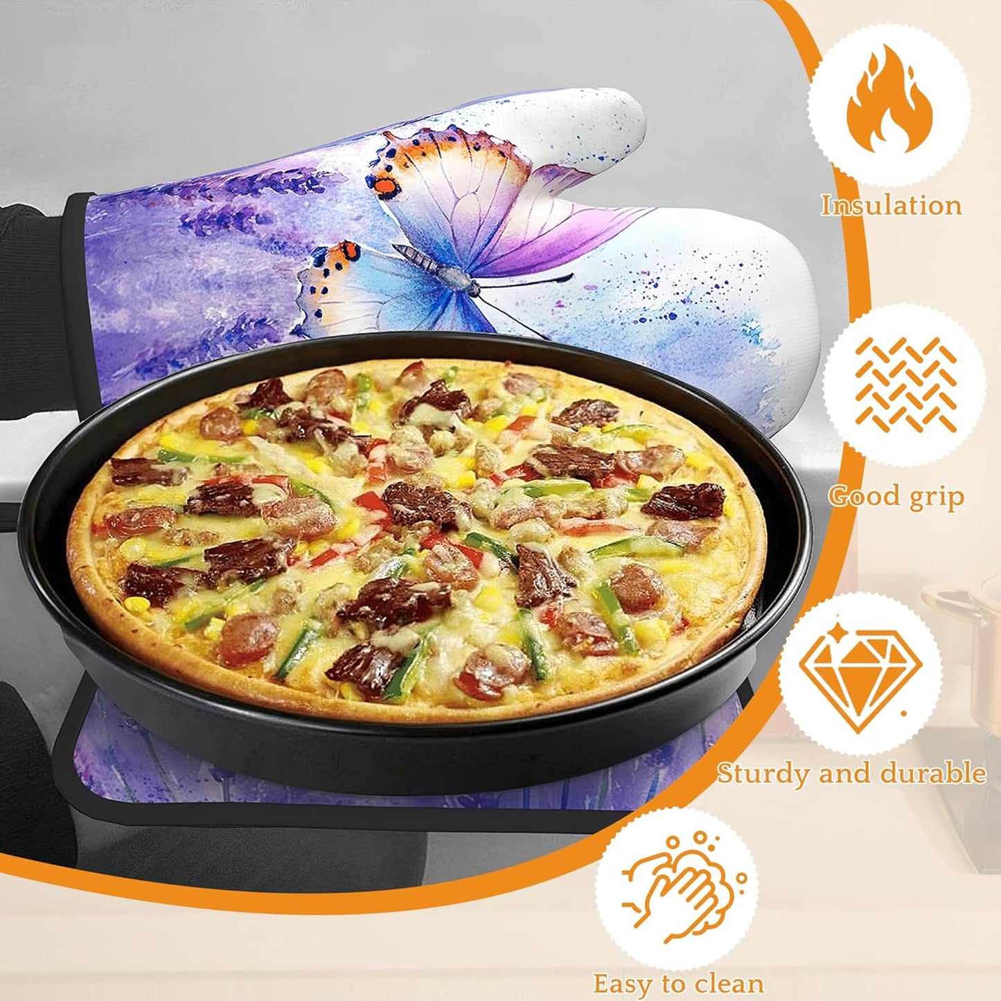 Purple Butterfly Oven Mitts and Pot Holders Set,Lavender Kitchen Oven Gloves and Pot Holder with Heat Resistant Non Slip for Cooking Baking Grilling(4 Piece Set)