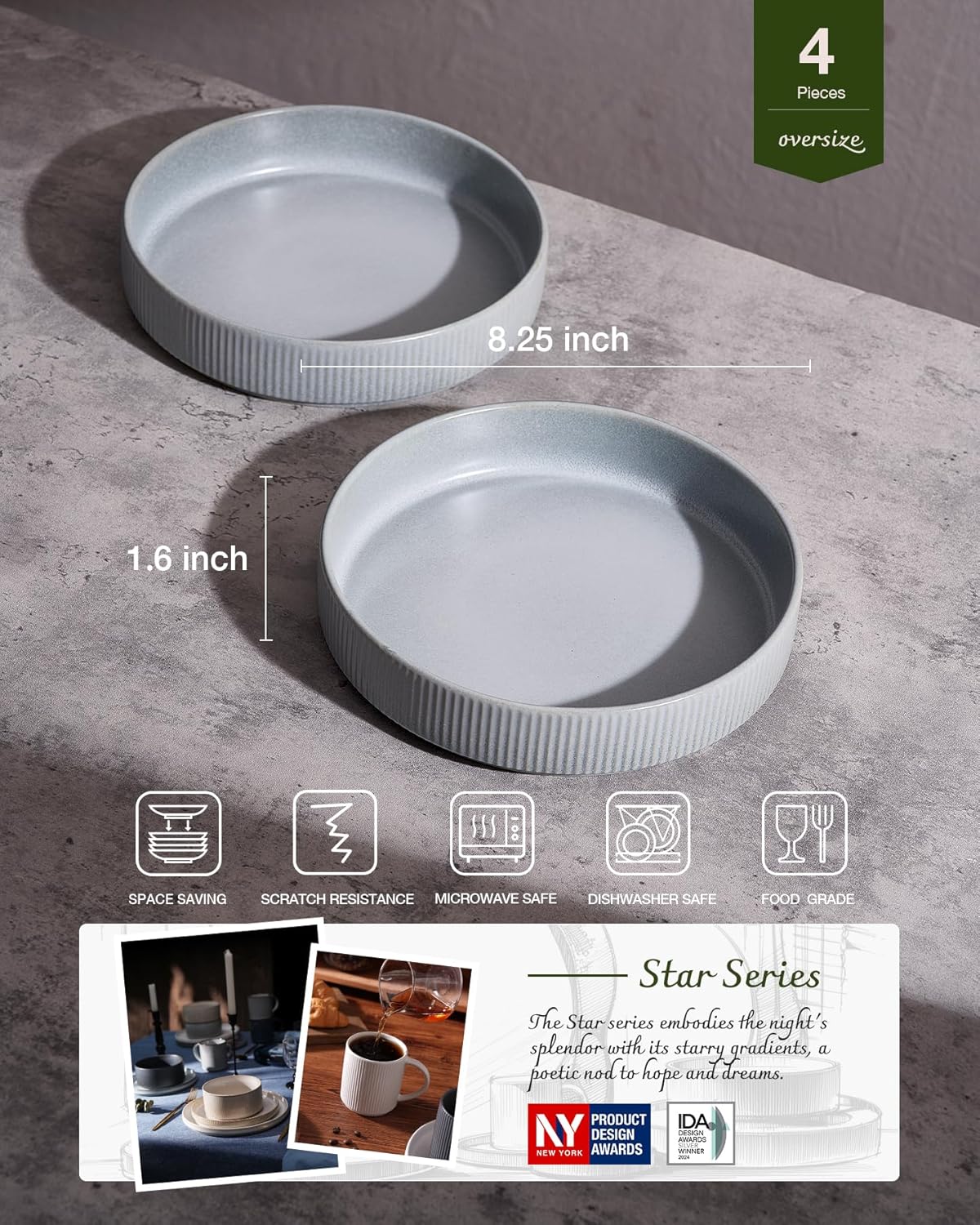 famiware Star 8.25" Pasta Bowls, Large Dinner Bowls Set of 4, Salad Bowl Plates, Shallow Bowls for Eating, Light Gray