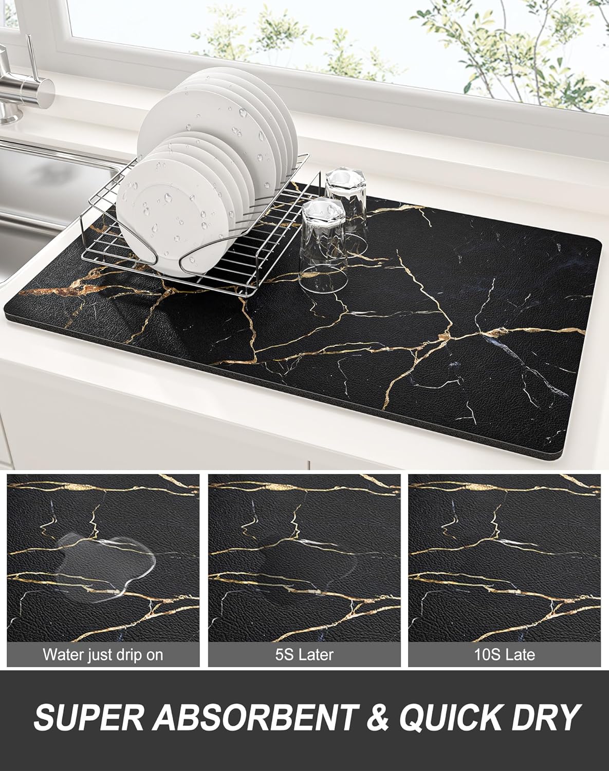 Rnivvi Dish Drying Mat for Kitchen Counter, 12 x 19" Cute Marble Super Absorbent Draining Pad, Non-Slip Heat Resistant Coffee Bar Mats for Coffee Machine Station Accessories, Black Gold Dish Rack Pad