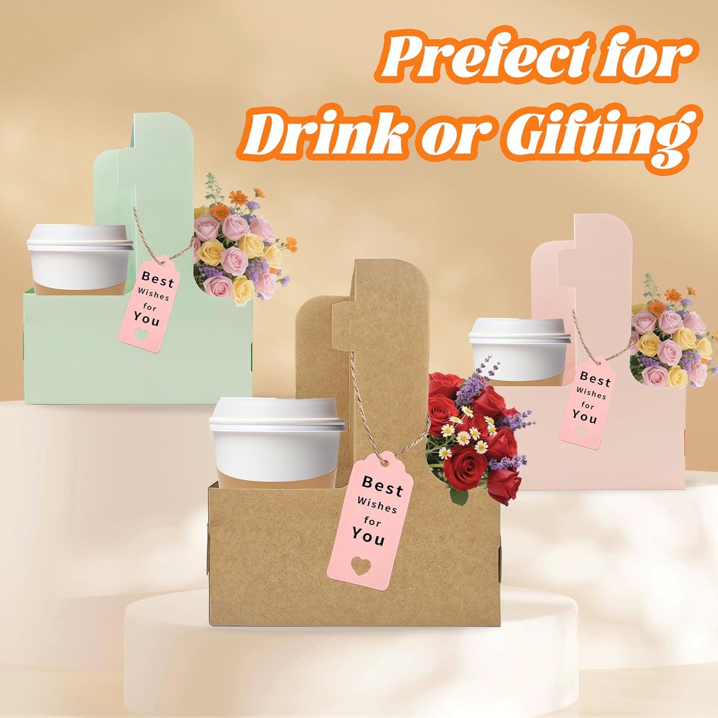 2 Cup Drink Carrier,8 Pack Coffee Cup Holders with Handle,Cardboard Cup Holders for Hot or Cold Drinks,Coffee Carrier with Ribbon and Card,Food Delivery Services and Bouquet(Kraft)