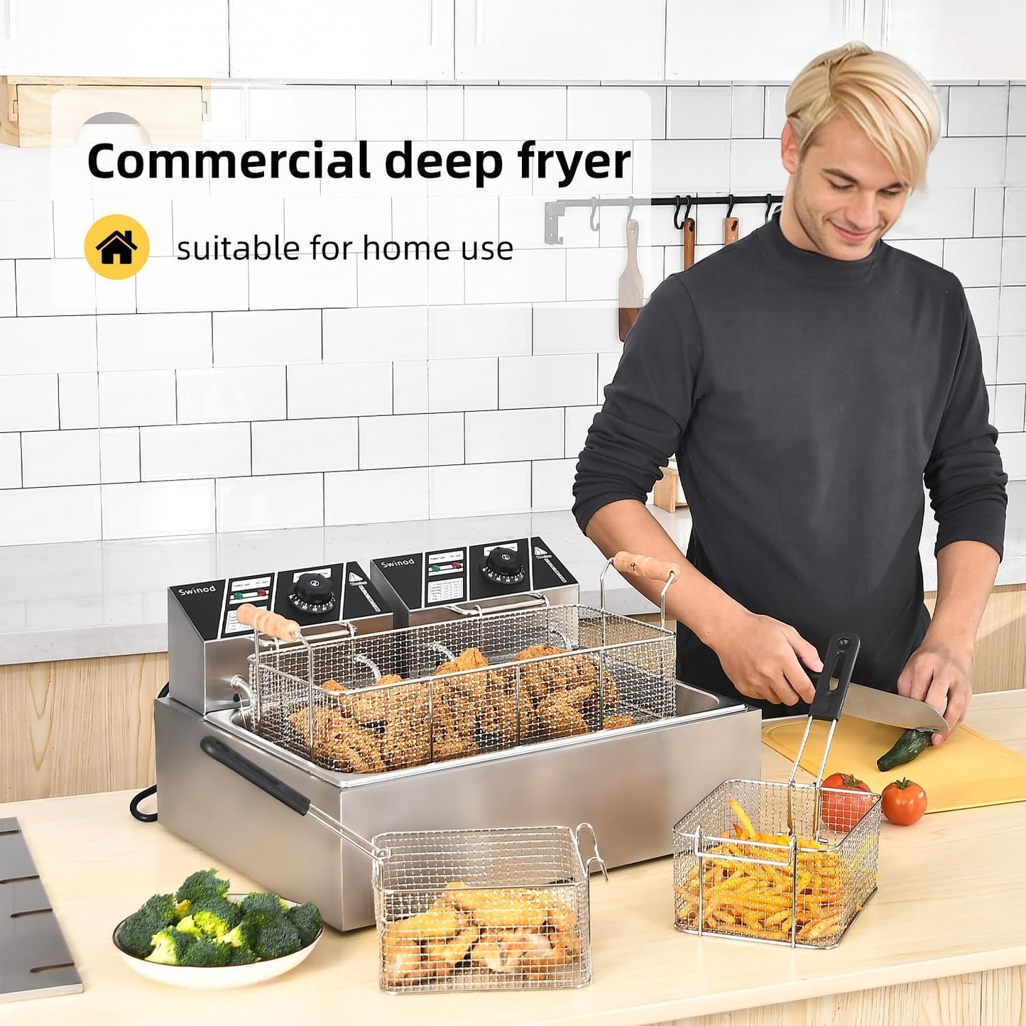 Commercial Deep Fryer with Basket for Restaurant or Home Use, 3400W 12.7QT Detachable Large Capacity Stainless Steel Countertop Electric Oil Fryer with Temperature Control