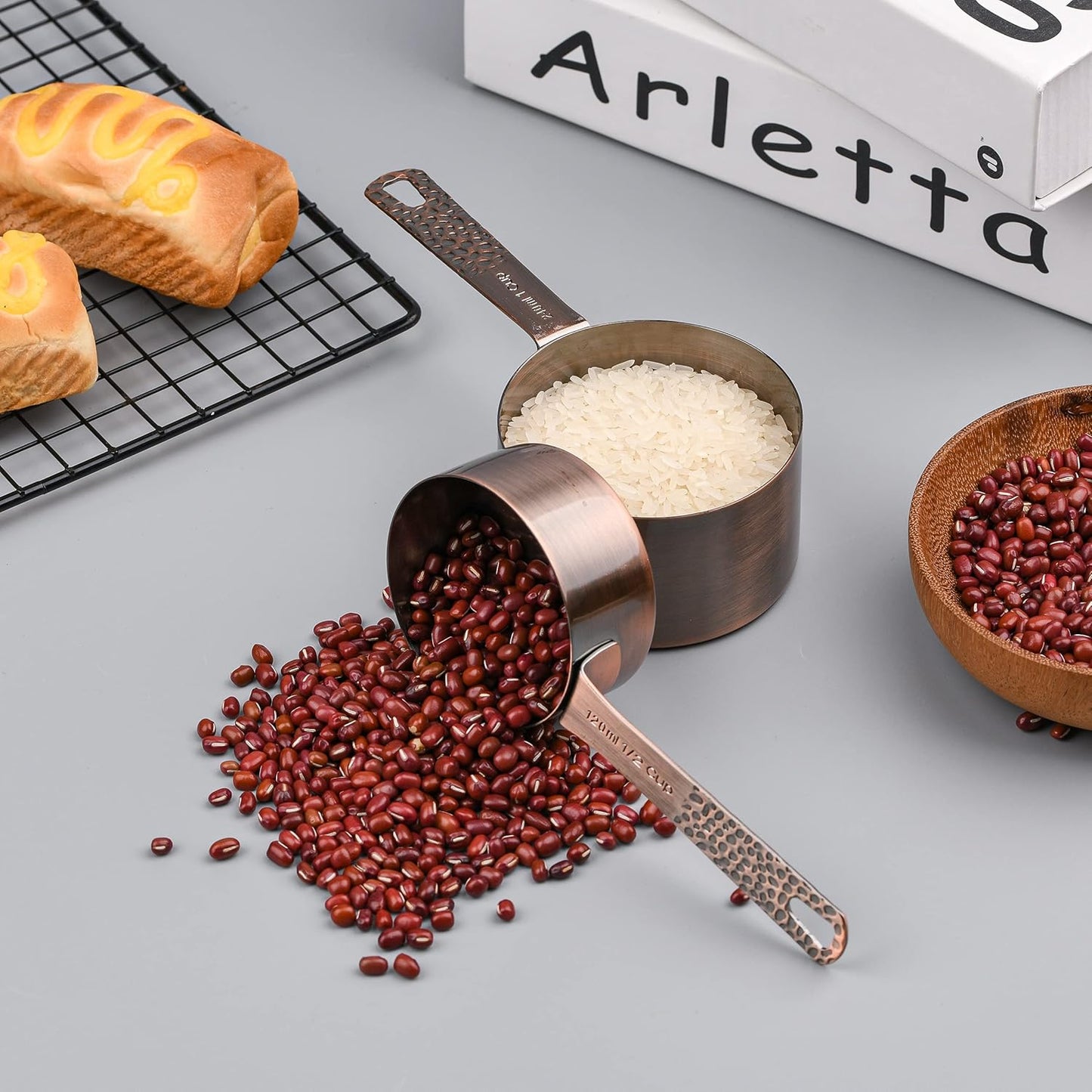 Copper Measuring Cups and Spoons set, Stainless Steel Measuring Cups and Spoons set for Baking & Kitchen, Metric & US 5 Copper Measure Cup and 6 Measure Spoons and 1 Ingredient Leveler