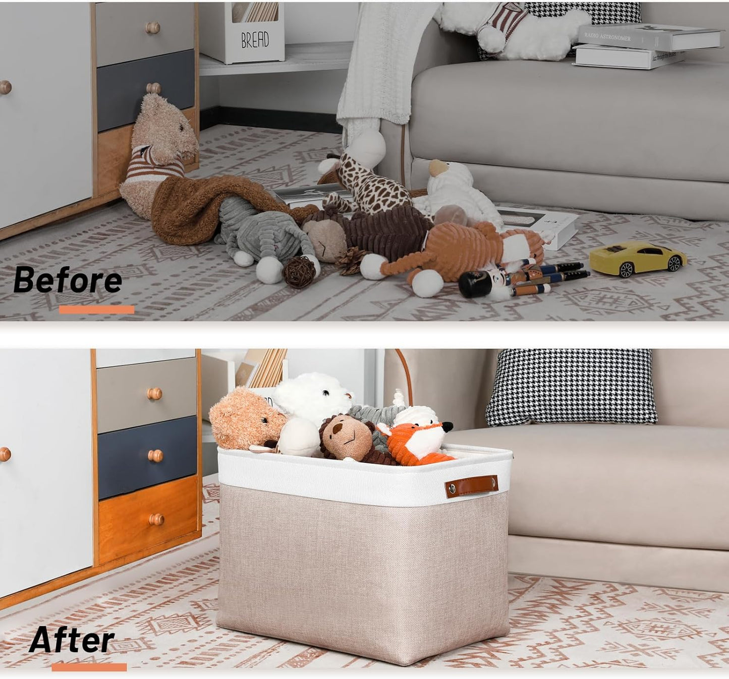 DULLEMELO Fabric Storage Bins, Lining Fabric Baskets For Gifts, Large Storage Baskets for Toys Books Clothes Storage, Foldable Storage Basket for Office Home Shelves Closets Organizing(White&Khaki)