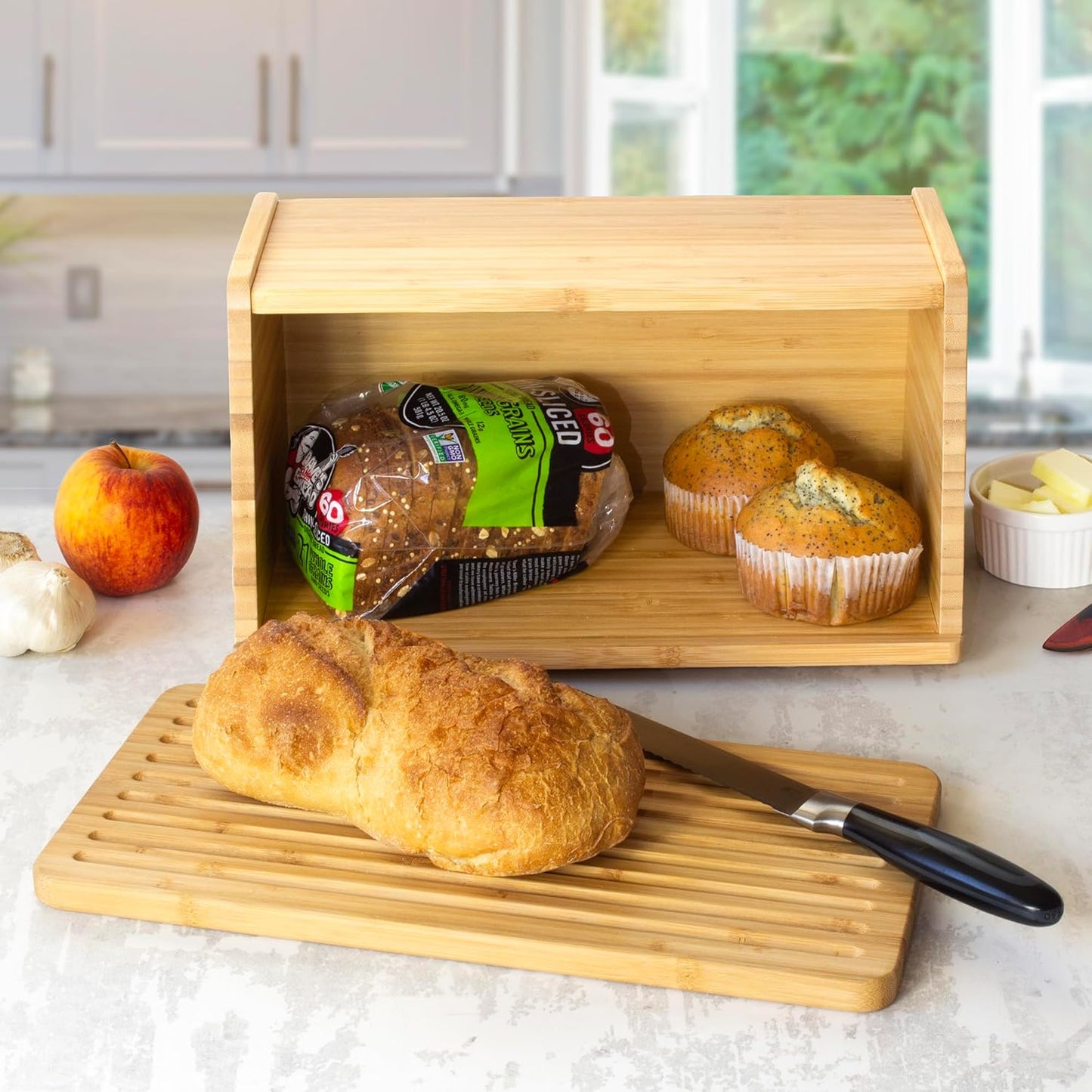 Totally Bamboo Bread Box for Kitchen Countertop – Bamboo Wood Bread Storage Container with Removable Cutting Board Lid and Crumb Catcher | Bread Bin for Loaves and Baked Goods