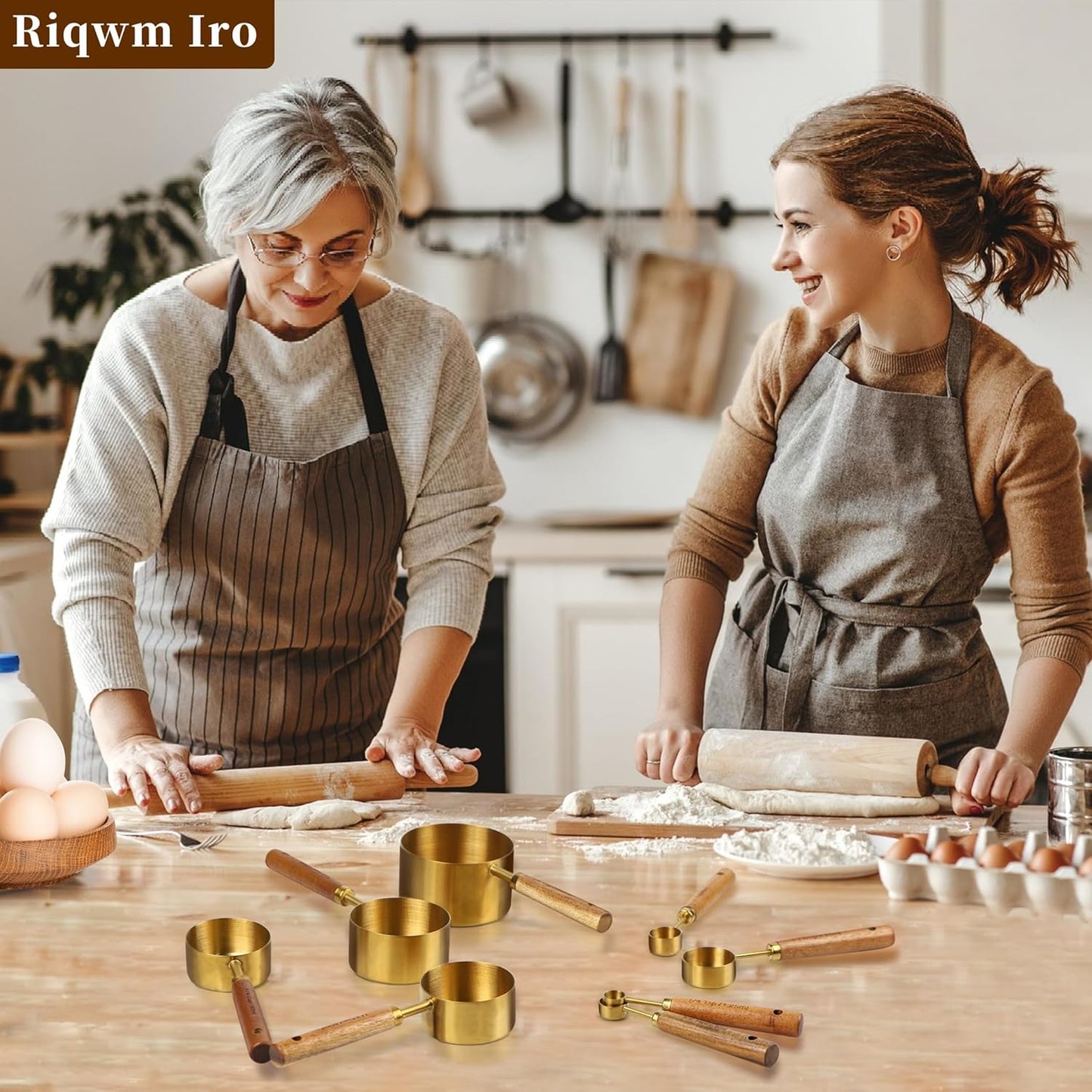 Gold Measuring Cups and Spoons Set,8 Piece Premium Stainless Steel Measuring Cups with Wood Handles,4 Stackable Wooden Measuring Cups and 4 Measuring Spoons Set for Baking Supplies in the Kitchen