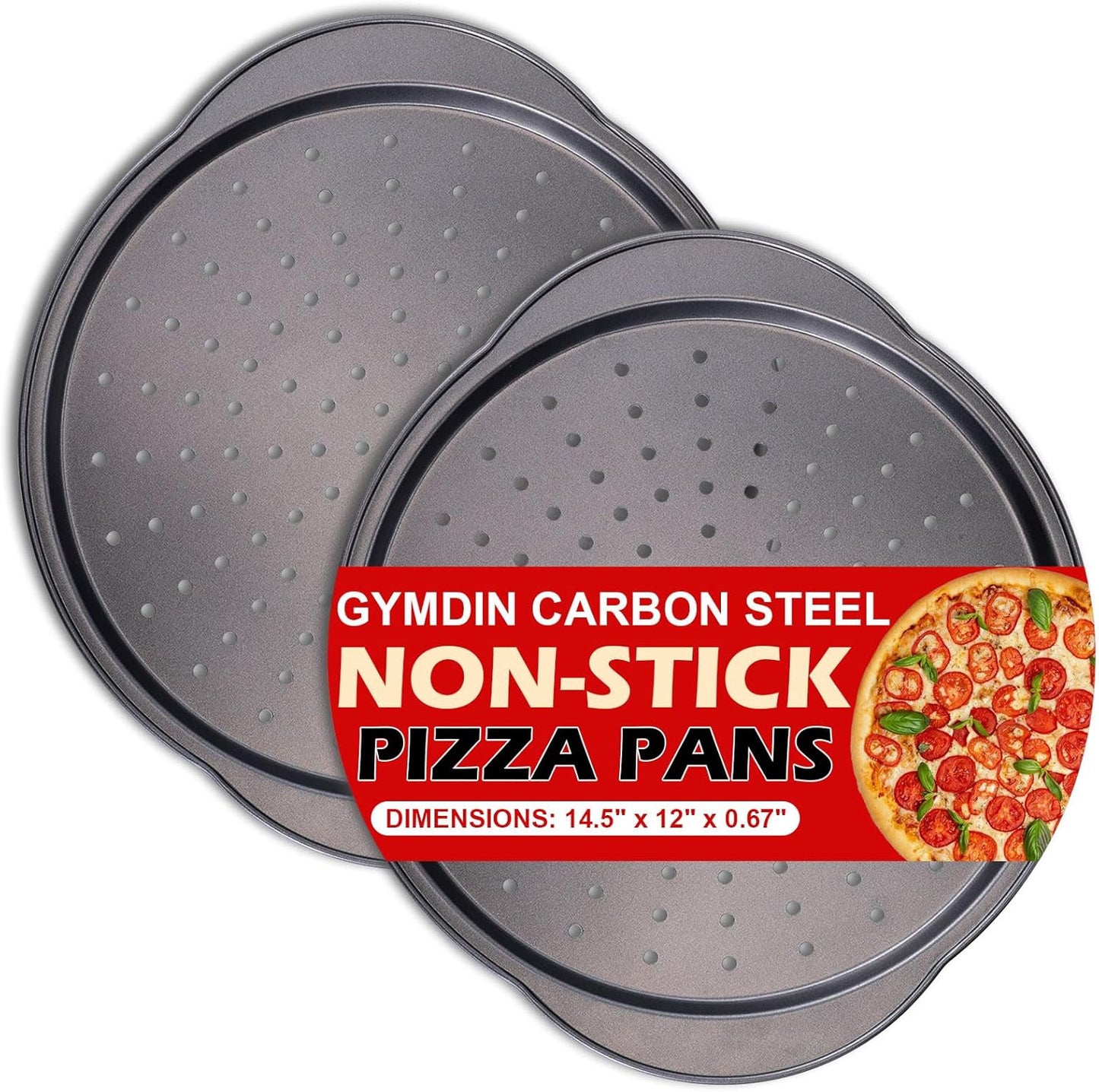 Pizza Pan for Oven - 13" Round Pizza Pans with Holes(2 Pack), Non-stick Carbon Steel Pizza Trays with Handle, Easy to Clean & Oven Safe