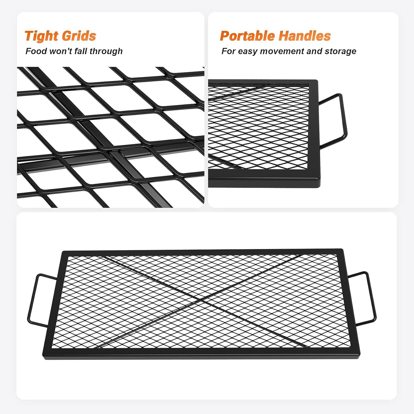 onlyfire X-Marks Fire Pit Cooking Grate, Portable Rectangle Campfire Grill Grate with Handles, Heavy Duty Steel Campfire BBQ Grill for Outdoor, 36-Inch