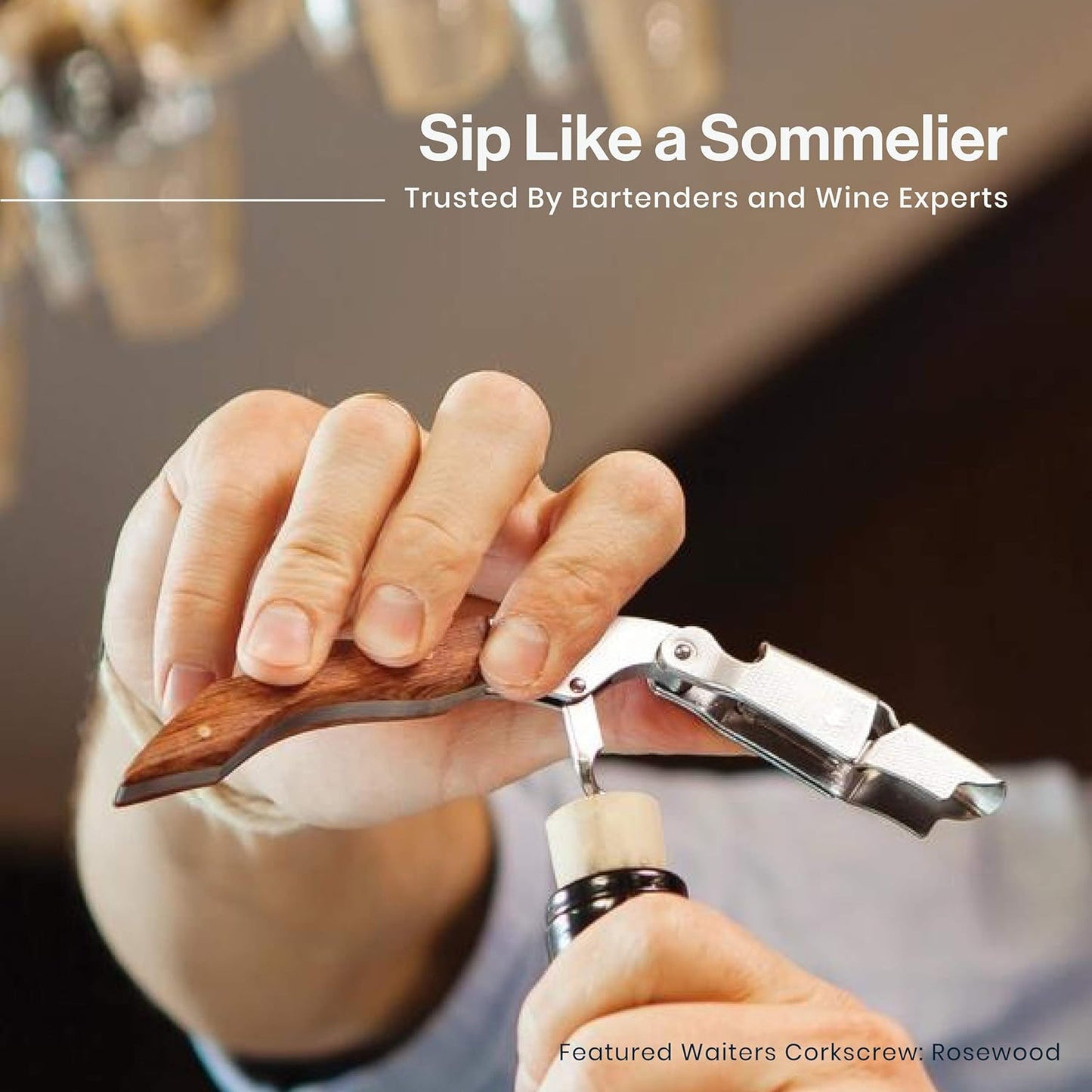 Hicoup Wine Opener - Professional Corkscrews for Wine Bottles w/Foil Cutter and Cap Remover - Manual Wine Key for Servers, Waiters, Bartenders and Home Use - Stainless Steel with Bai Ying Wood Inlay