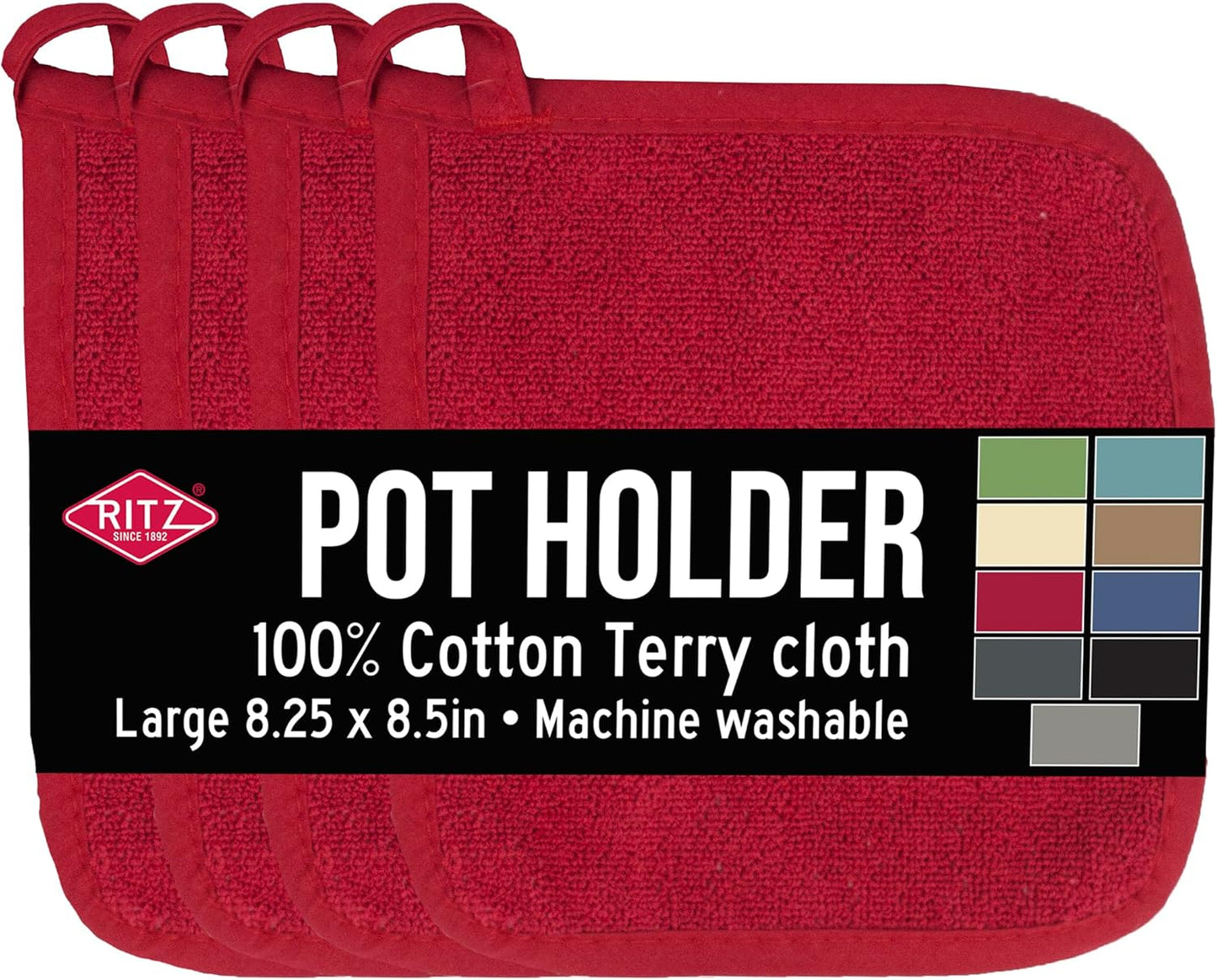 RITZ Terry Potholder & Hot Pad: Unparalleled Heat Resistant, Durable 100% Cotton – Ergonomically Designed for Optimal Grip – Easy-Care Machine Washable – 4-Pack, Paprika Red