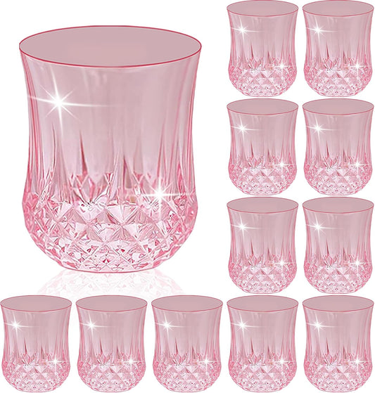 12 PCS Pink Stemless Wine Glasses，Colored Plastic Reusable Cups 9OZ Vintage Drinking Glasses Tumblers for Whisky, Beer, Juice, Beverages, Cocktai
