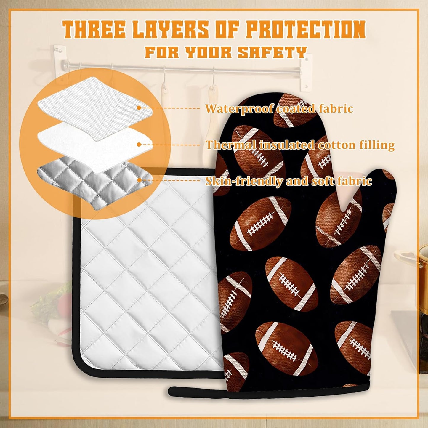 American Football Oven Mitts and Pot Holders,Heat Resistant Oven Mitts Gloves and Pot Holder for Home Kitchen Decorations Cooking Baking BBQ Gifts,Set of 4