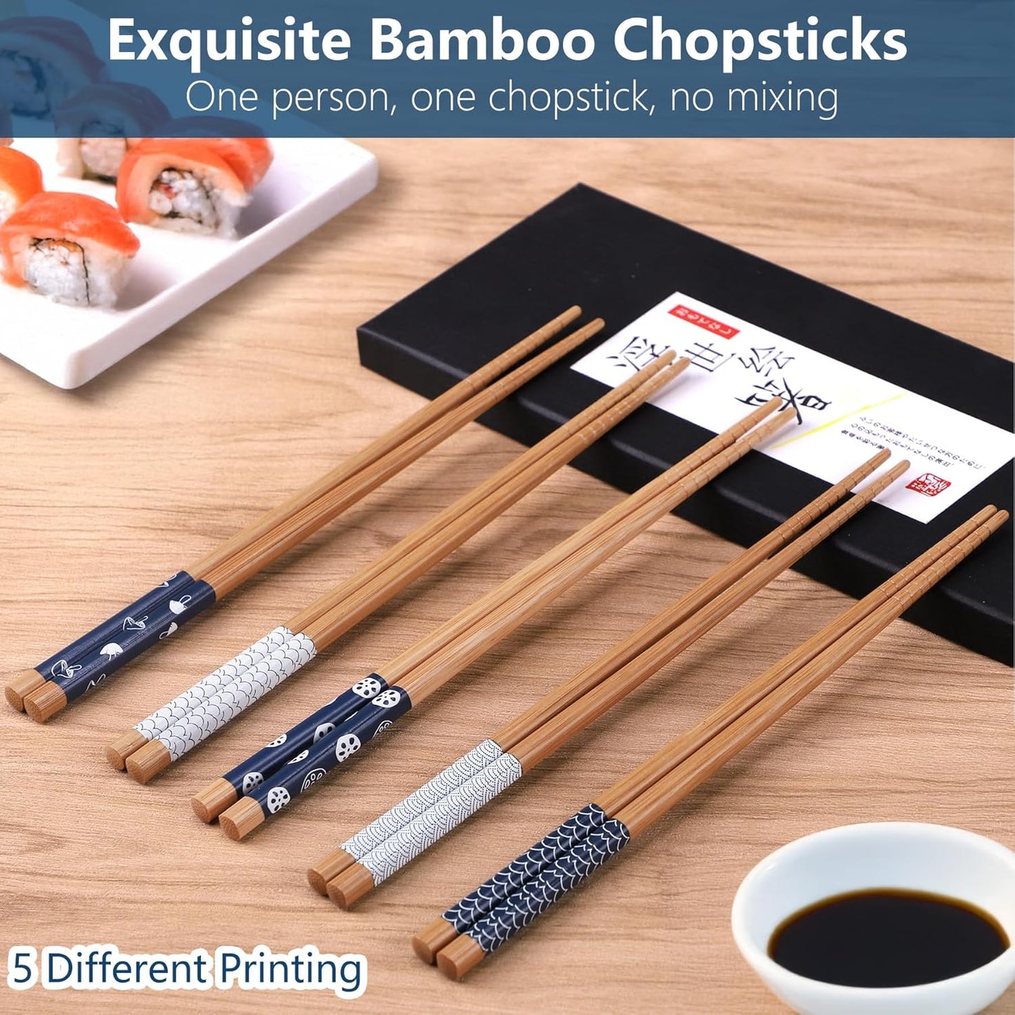 Antner 5 Pairs Bamboo Chopsticks Reusable Chop Sticks Japanese Style Bamboo Chopstick with Black Box Lightweight 8.8 Inch/22.5cm Non-Slip Chopsticks Gift Set