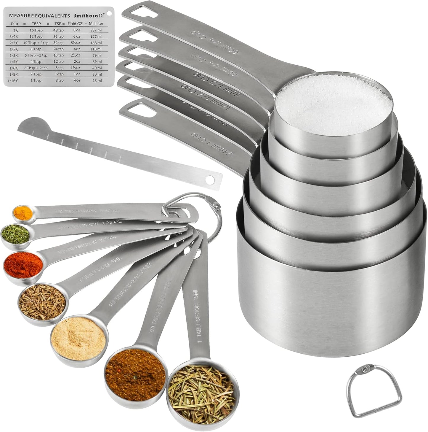 Measuring Cups and Spoons Set 15, 6 Stainless Steel Measuring Cups and 7 Spoons &1Leveler &1Magnetic Conversion Chart, Metric&US Metal Measuring Tools for Baking & Kitchen