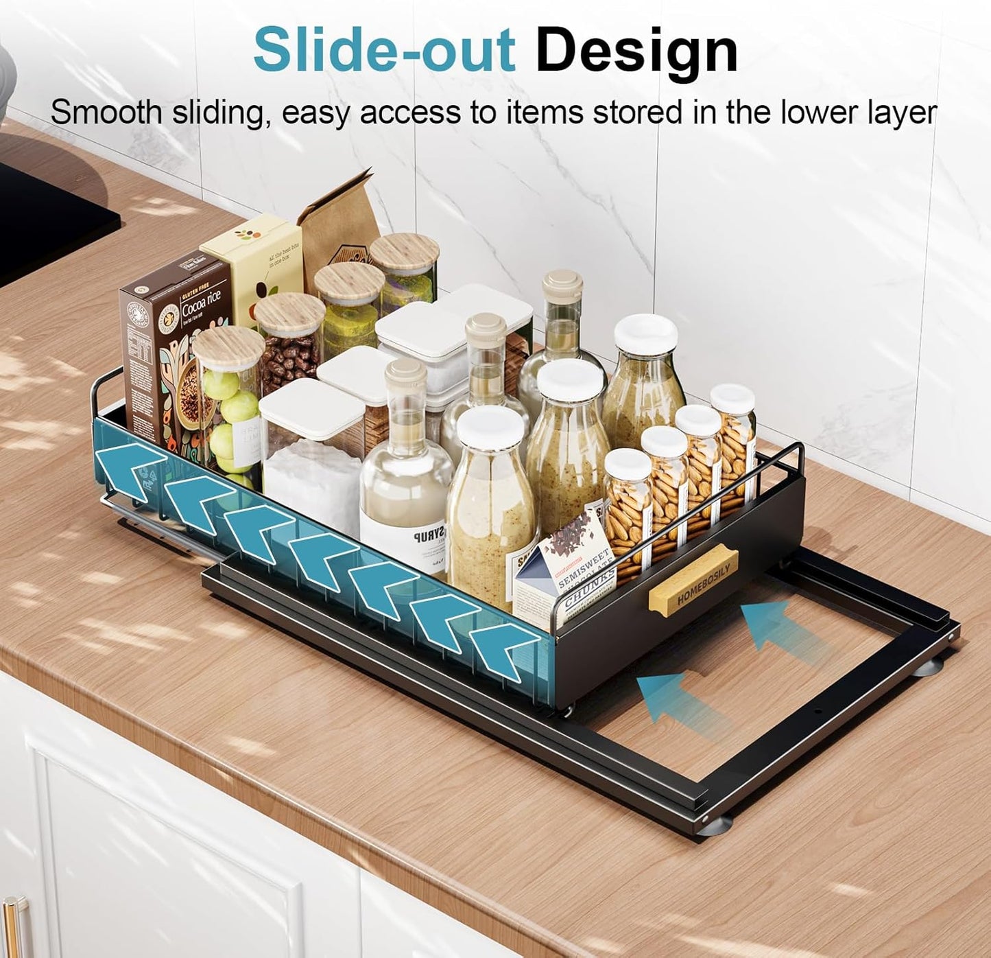 Under Sink Organizer, Kitchen Under Sink Organizers and Storage, Mute Pull Out Cabinet Organizer Shelf, Metal Sliding Drawer for Kitchen Bathroom Pantry Cabinet Closet Organization Rack, Black