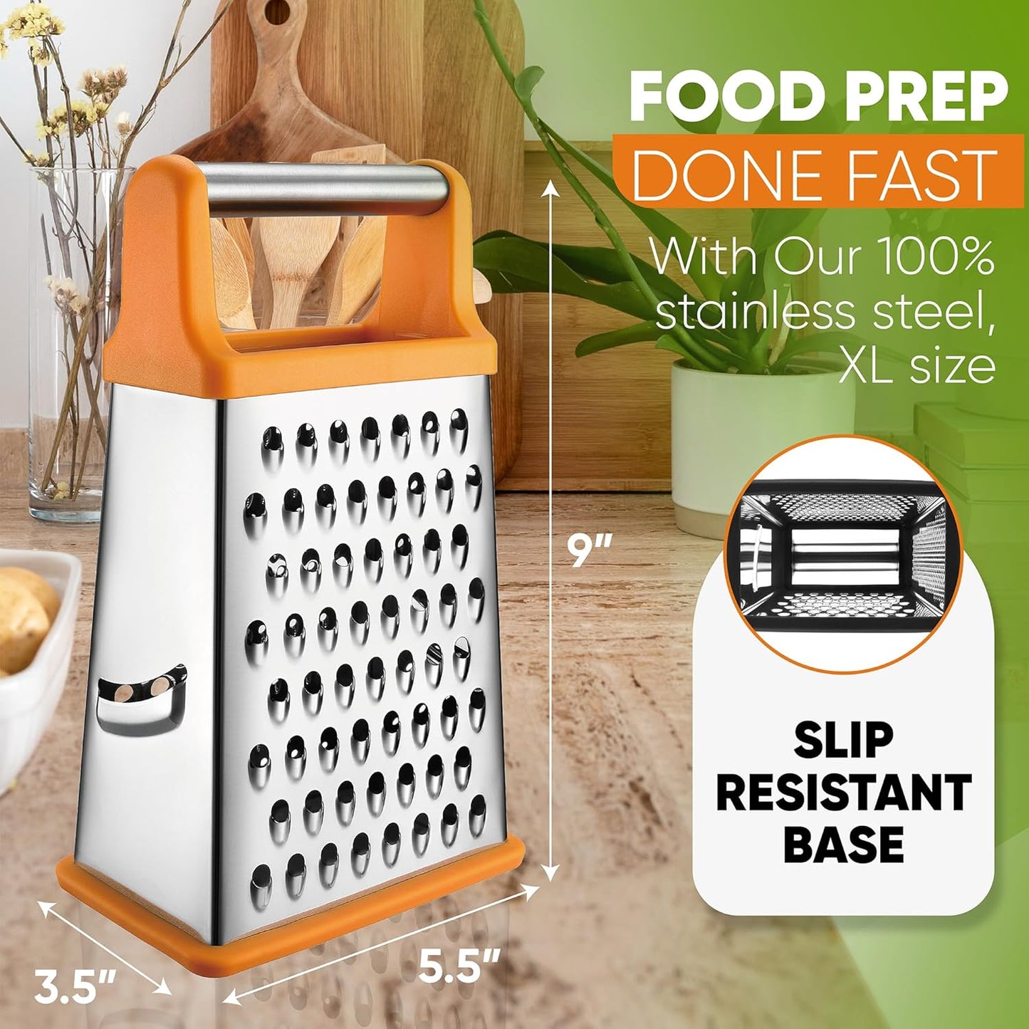 Spring Chef Handheld Stainless Steel XL Parmesan Cheese Grater with Handle - 4 Sided Manual Box Grater for Kitchen - Dishwasher Safe Cheese Shredder for Carrot, Potato, Vegetables, Hash Brown - Mango