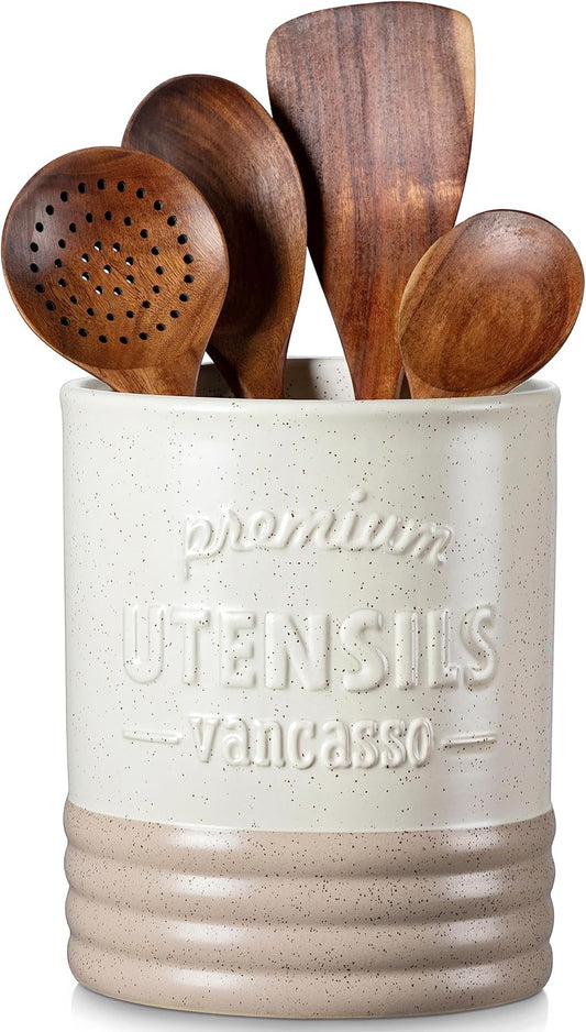 vancasso Sabine Utensil Holder, 7.2" Large Utensil Crock for Kitchen Counter, Ceramic Utensil Crock Storage, Matte Cream-Colored Farmhouse Utensil Organizer, Utensil Storage for Home Décor, Gifts