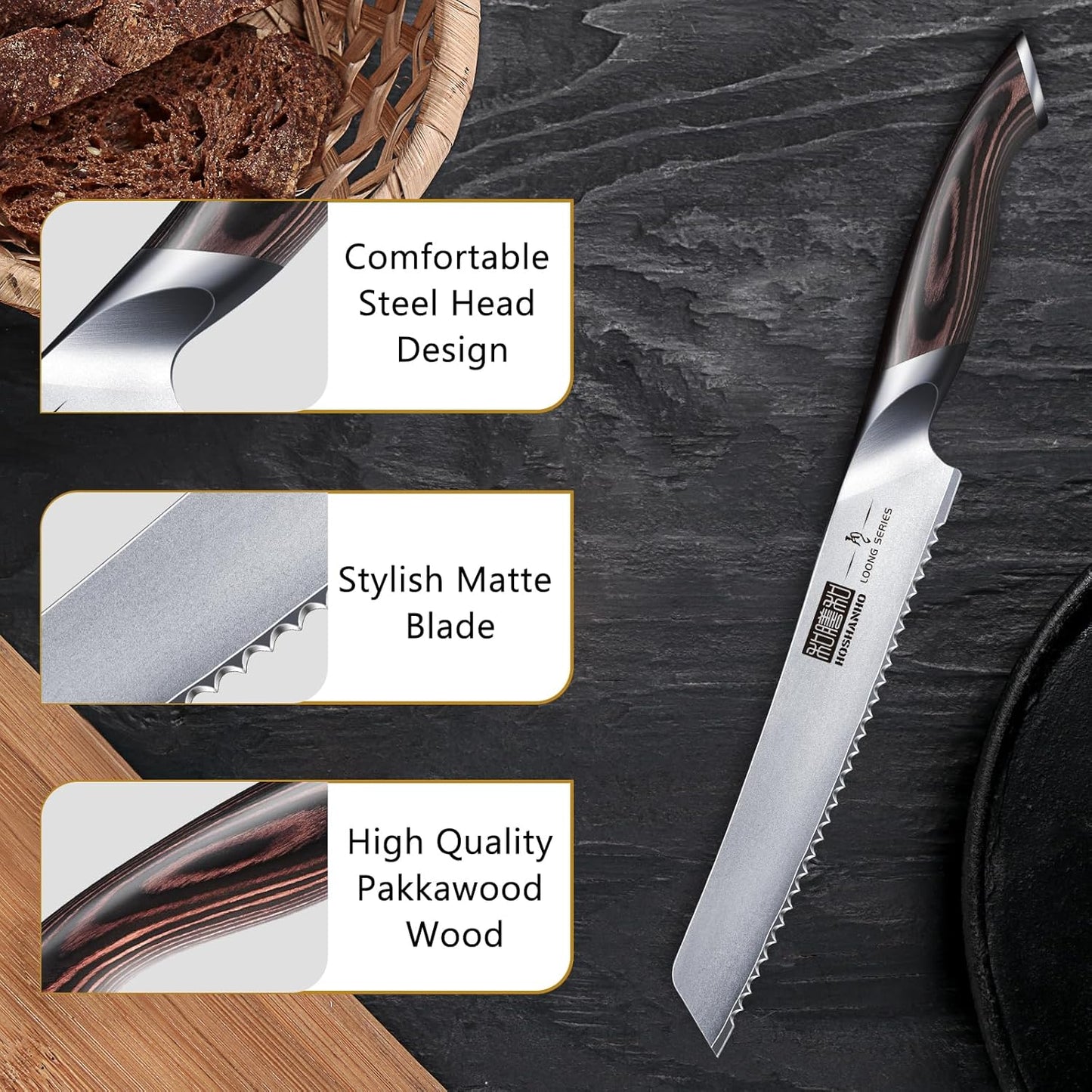 Bread Knife 8 inch, Japanese High Carbon Stainless Steel Serrated Bread Knife, Professional Bread Cutting Knife for Homemade Bread
