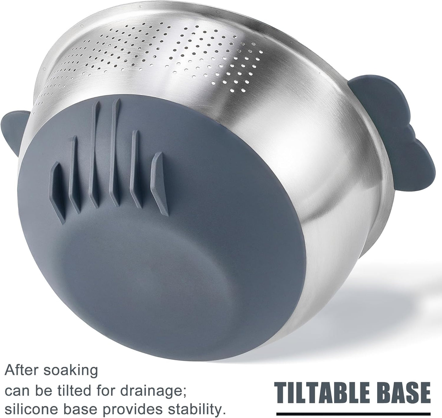 Rice Washer Strainer Bowl Quinoa Washing Bowl 18/10 Stainless Steel Colander Versatile Good Grips Side Drainers for Cleaning Rinsing Fruits, Vegetables, and Beans - Tilting Non-slip Silicone Bottom