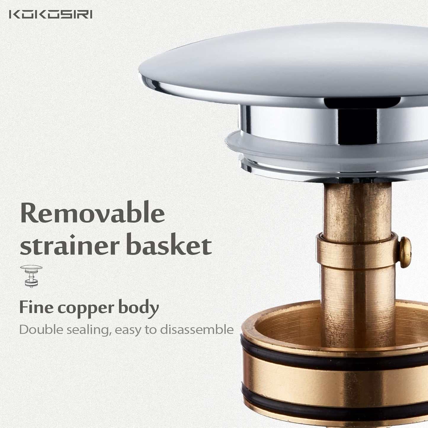 KOKOSIRI Pop Up Sink Drain with Strainer Basket, Polished Chrome Bathroom Sink Drain with Detachable Hair Catcher Anti Clogging for Vanity Vessel Sink Without Overflow, C1002CH