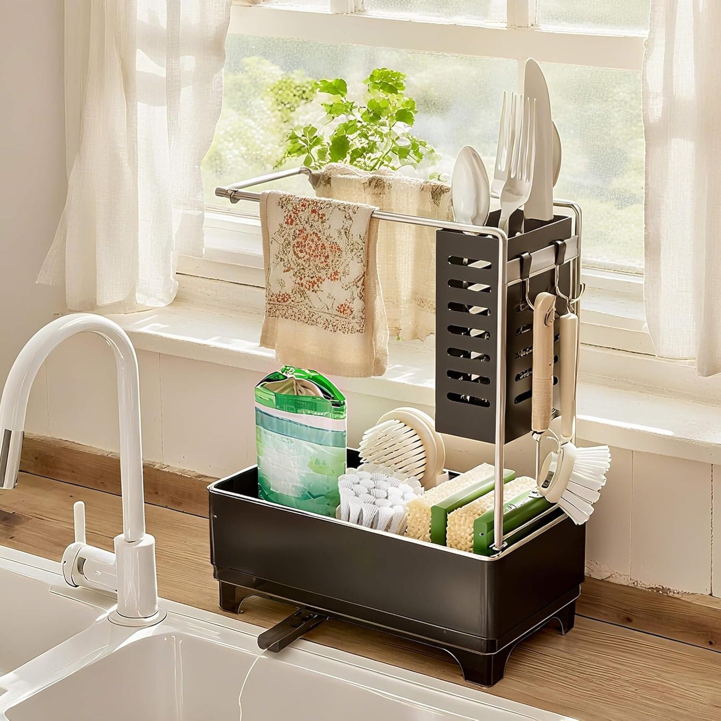 MOUKABAL Sponge Holder for Kitchen Sink, 2-Tier Sink Caddy Organizer with Drain Holes and Hooks, Holds Dishcloth, Sponge & Brushes, Kitchen Countertop Storage for New Home Essentials Black