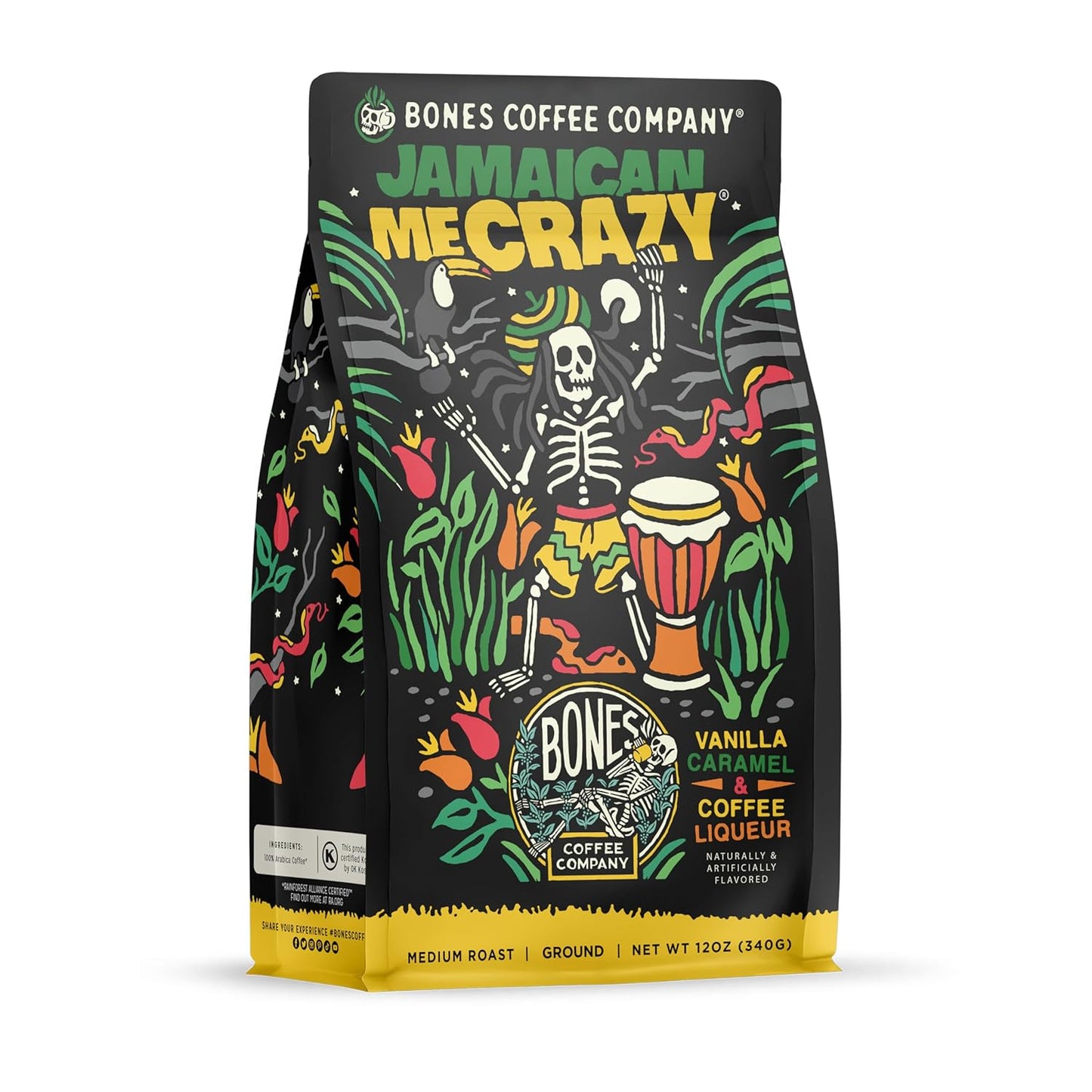 Bones Coffee Company Jamaican Me Crazy, Vanilla Caramel Flavored Coffee, Medium Roast Low Acid Arabica Beans Compatible with Auto drip and French Press Coffee Maker, 12 Oz Ground
