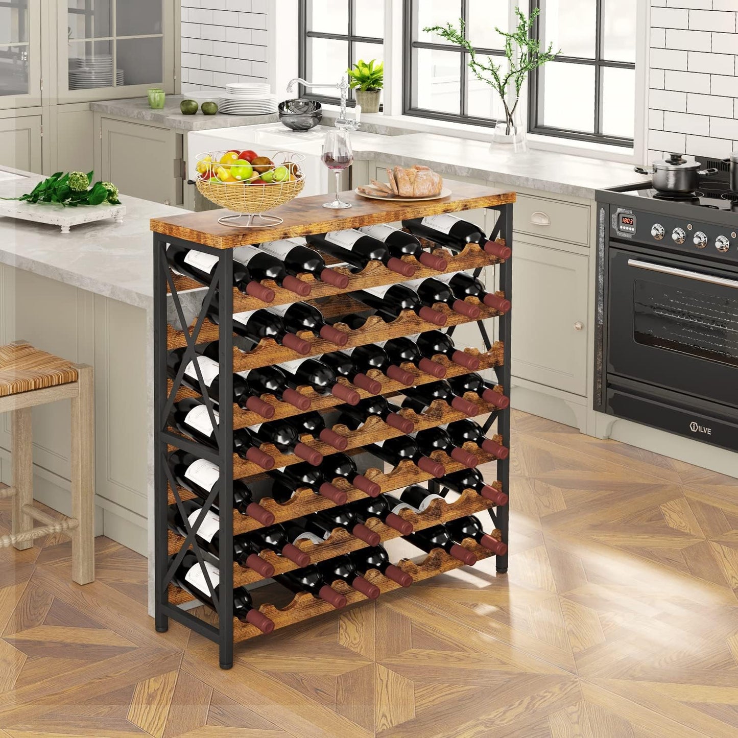 Homeiju 56-Bottle Wine Rack Freestanding Floor, Wooden Wine Storage Shelf, Stackable Wine Rack with Tabletop for Living Room,Kitchen or Wine Cellar