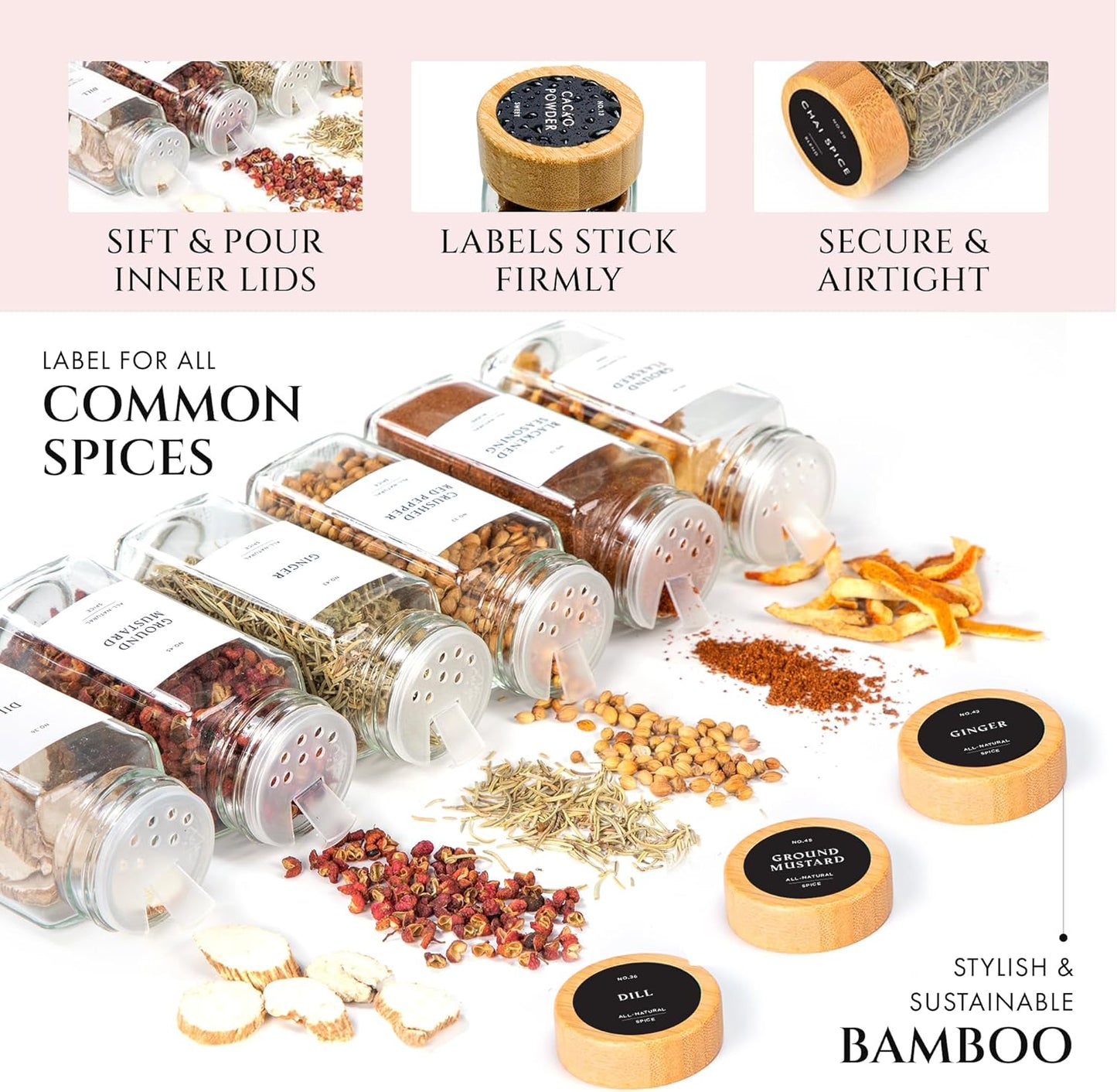 FINESSY Bamboo Glass Spice Jars with Labels and Shaker Lids Clear Empty 4oz 24 Pack Bottles Set, Glass Spice Containers with Labels, Seasoning Organizer Jars