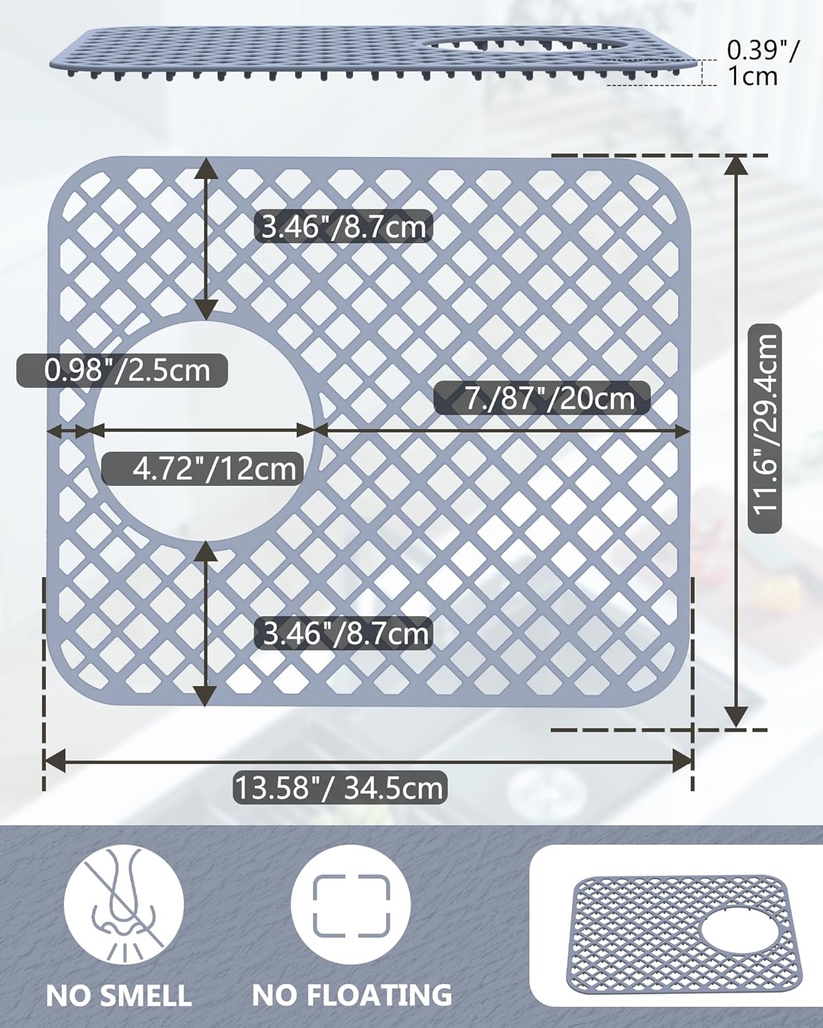2 Pack Silicone Sink Protectors for Kitchen Sink, Lozenge Pattern 13 x 11 Inches Sink Mat, Non-Slip and Durable Sink Protector Silicone, Rear Drain, Gray