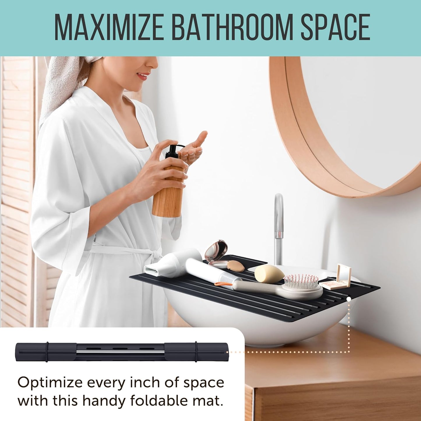 Maplefield Bathroom Sink Cover for Counter Space, Heat Resistant Silicone Sink Mat for Your Beauty Routine, Small Bathroom Space Saver Sink Cover for Makeup (Black Large, 22 x 2 x 2 Inches)