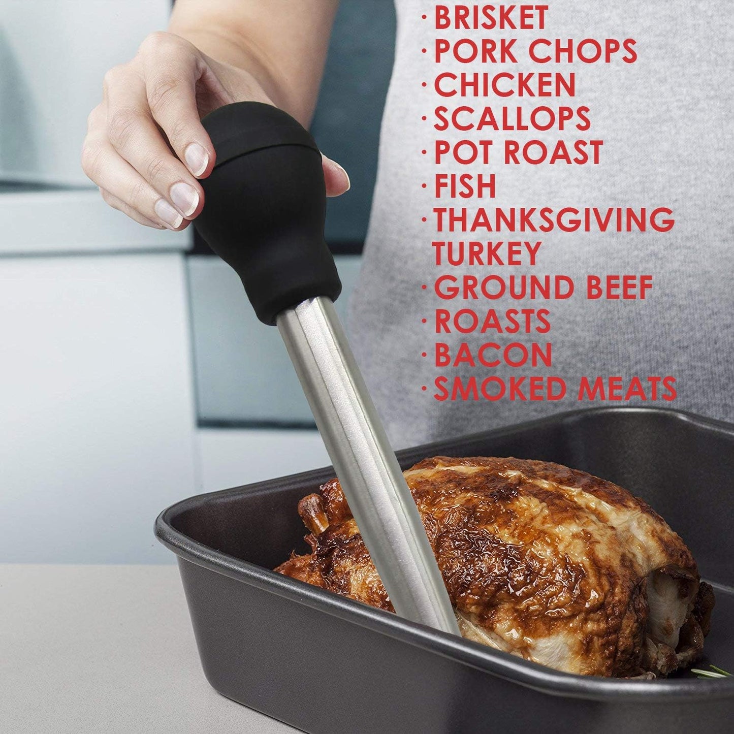 Stainless Steel Turkey Baster & Barbecue Basting Brush With 2 Flavor Injector Needles - Food Grade Syringe Baster For Cooking & Basting - Ideal For Butter Dripping, Roasting Juices For Poultry (Black)