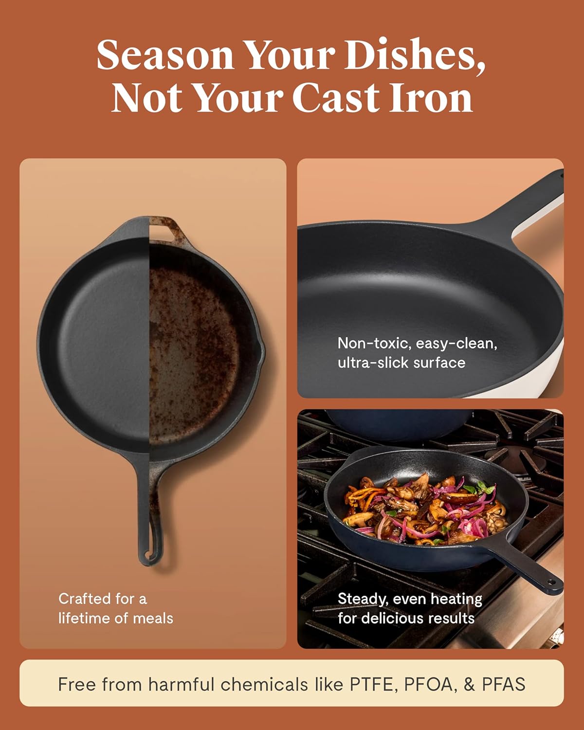 Caraway Cast Iron Skillet - 10.5” Enameled Cast Iron Pan With 3 Layer Enamel Coating - No Seasoning Required - Compatible With All Stovetops - Free From Forever Chemicals - Gray