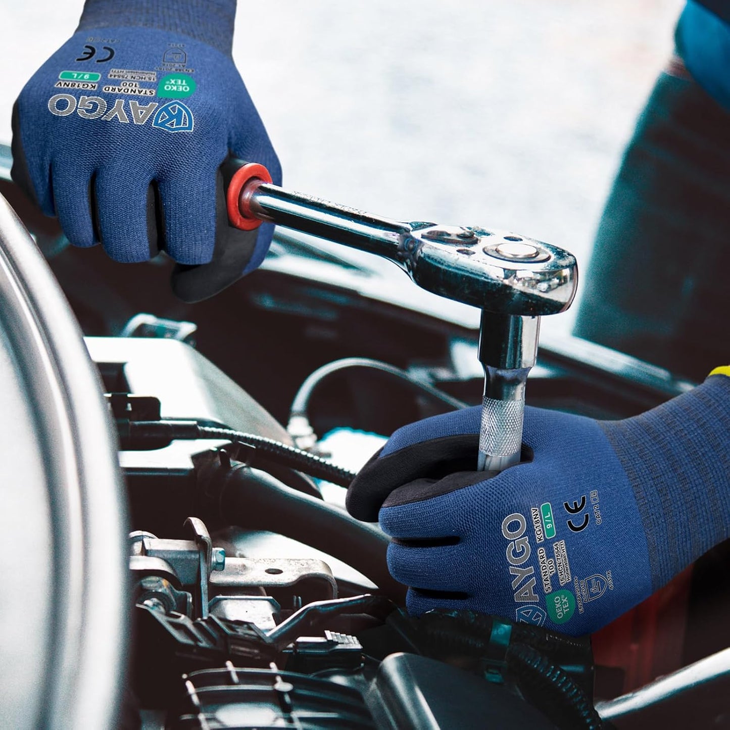 KAYGO Safety Work Gloves MicroFoam Nitrile Coated-12 Pairs, KG18NB,Seamless Knit Nylon Glove with Black Micro-Foam Nitrile Grip,Ideal for General Purpose,Automotive,Home Improvement, Dark Blue, S