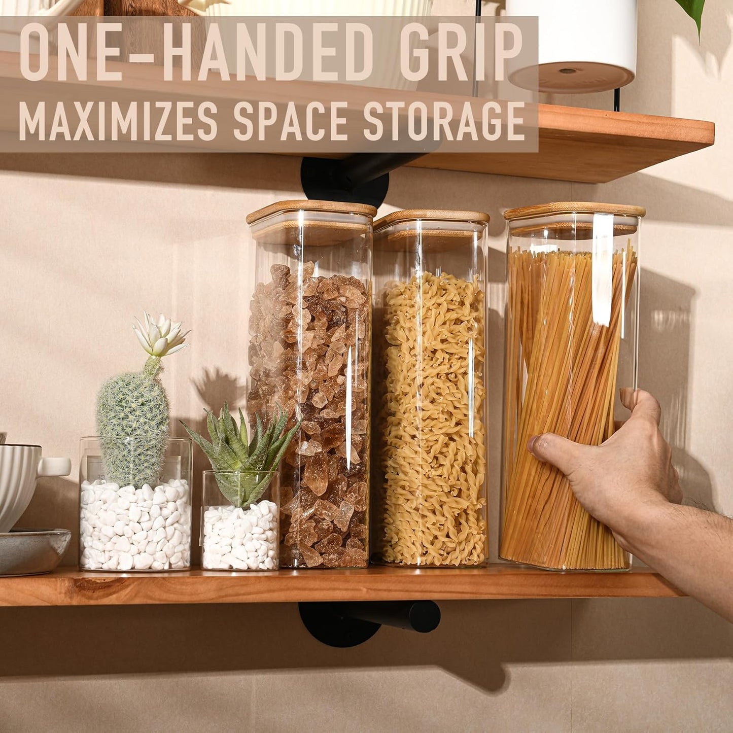 71oz Rectangle Airtight Glass Storage Containers with Bamboo Lids (Set of 4), Square Food Storage Jar, Pantry Organizers for Sugar, Flour, Spaghetti and Coffee beans (‎with Black Lable)