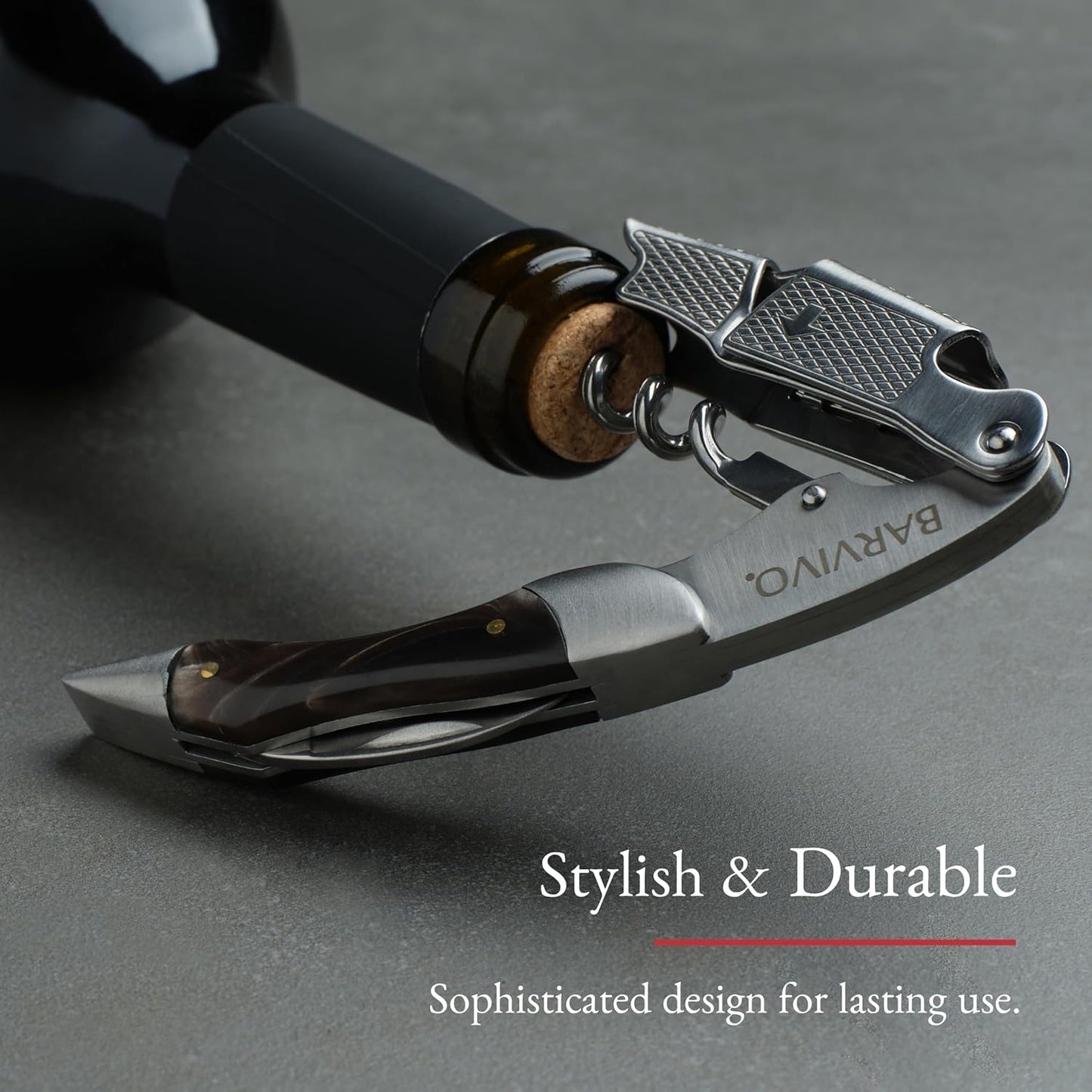 Barvivo Wine Opener with Foil Cutter and Cap Remover - Double Hinged Corkscrew for Bartenders - Stainless Steel Wine Key for Easy Bottle Opening - Manual Wine Bottle Opener - Ebony Wood, 4.7x1.2-Inch