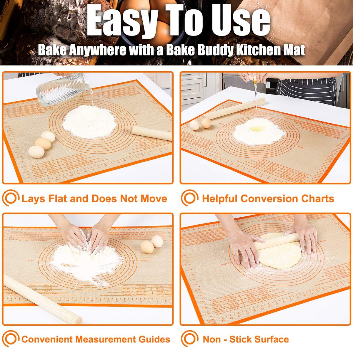 Non-slip Silicone Pastry Mat 36''By 24'' Nonstick Baking Mats Extra Large Counter Mat for Dough Rolling, Pastry, Pie Crust, Fondant, Cookies, Bread, Pasta, Pizza Mat