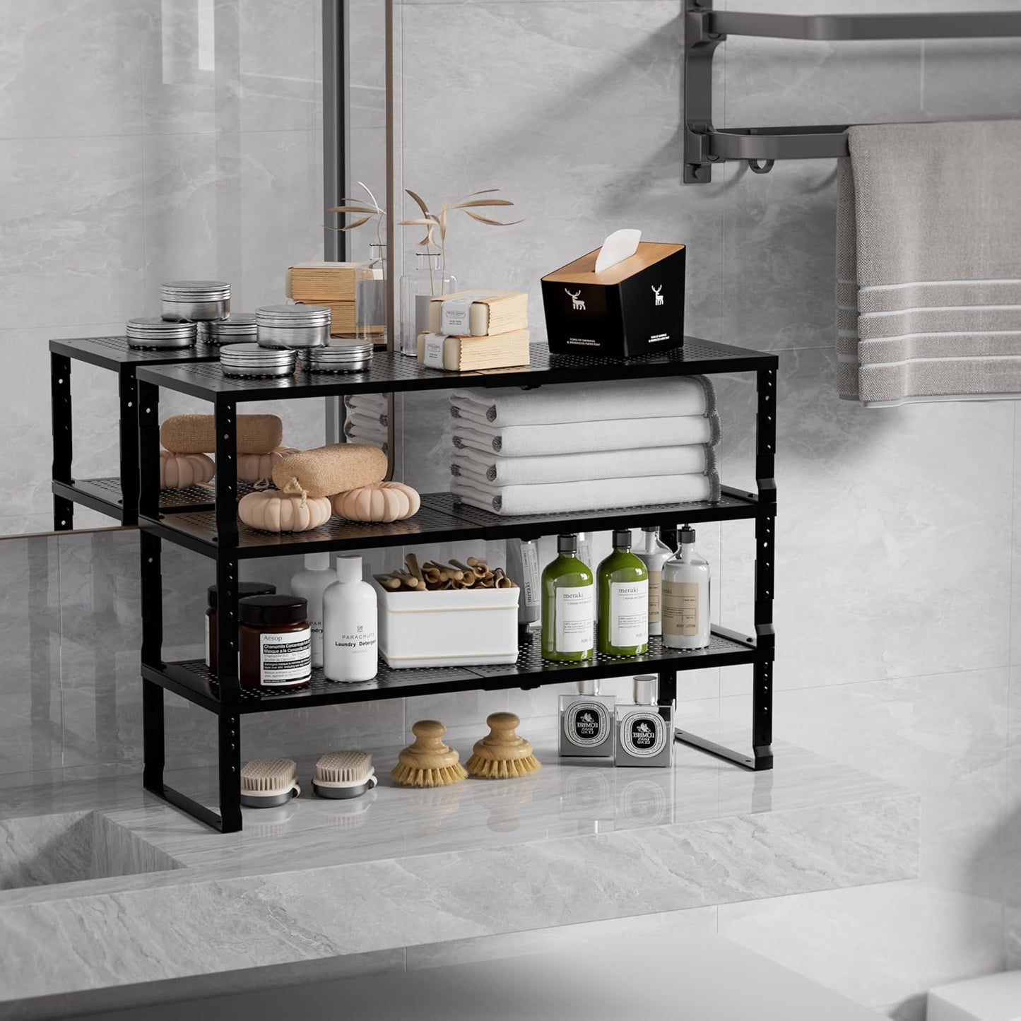 Expandable Spice Rack & Kitchen Cabinet Organizer - Stackable, Adjustable Shelves for Cabinets, Countertops, Cupboards & Pantries(2 Packs/Large/Black)