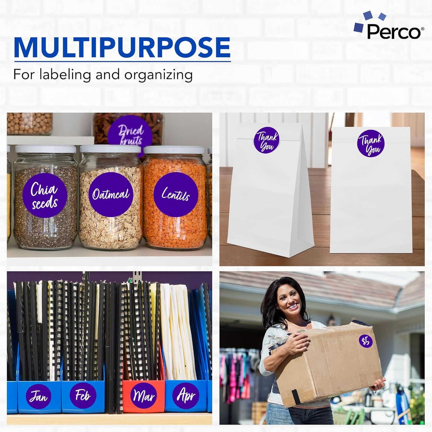 Perco Purple 3-Inch Round Circle Dot Sticker Labels - Multi-Roll Pack (3 Rolls, 500 Labels Each) - Permanent Adhesive, Vibrant Colors, Strong Hold - Perforated for Easy Use - Made in USA