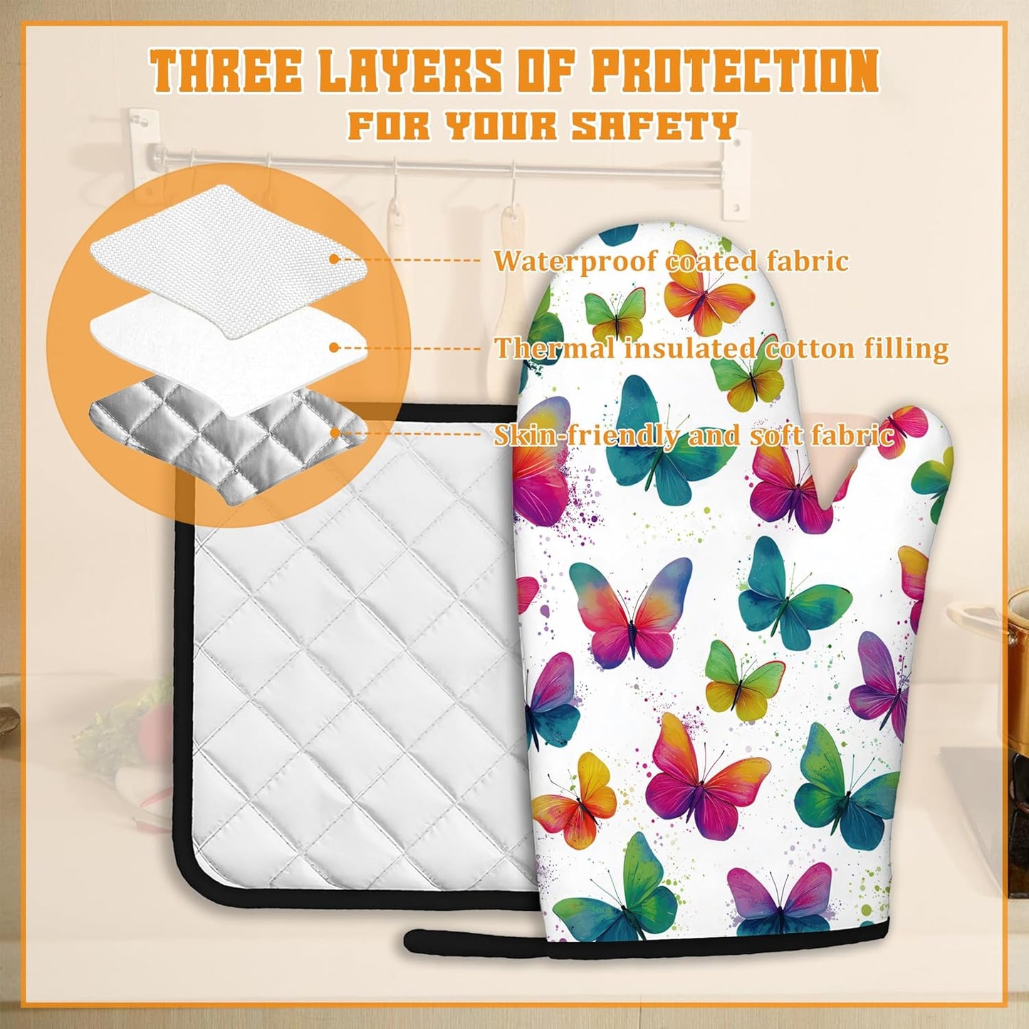 Colorful Butterfly Oven Mitts and Pot Holders,Heat Resistant Oven Mitts Gloves and Pot Holder for Home Kitchen Decorations Cooking Baking BBQ Gifts,Set of 4