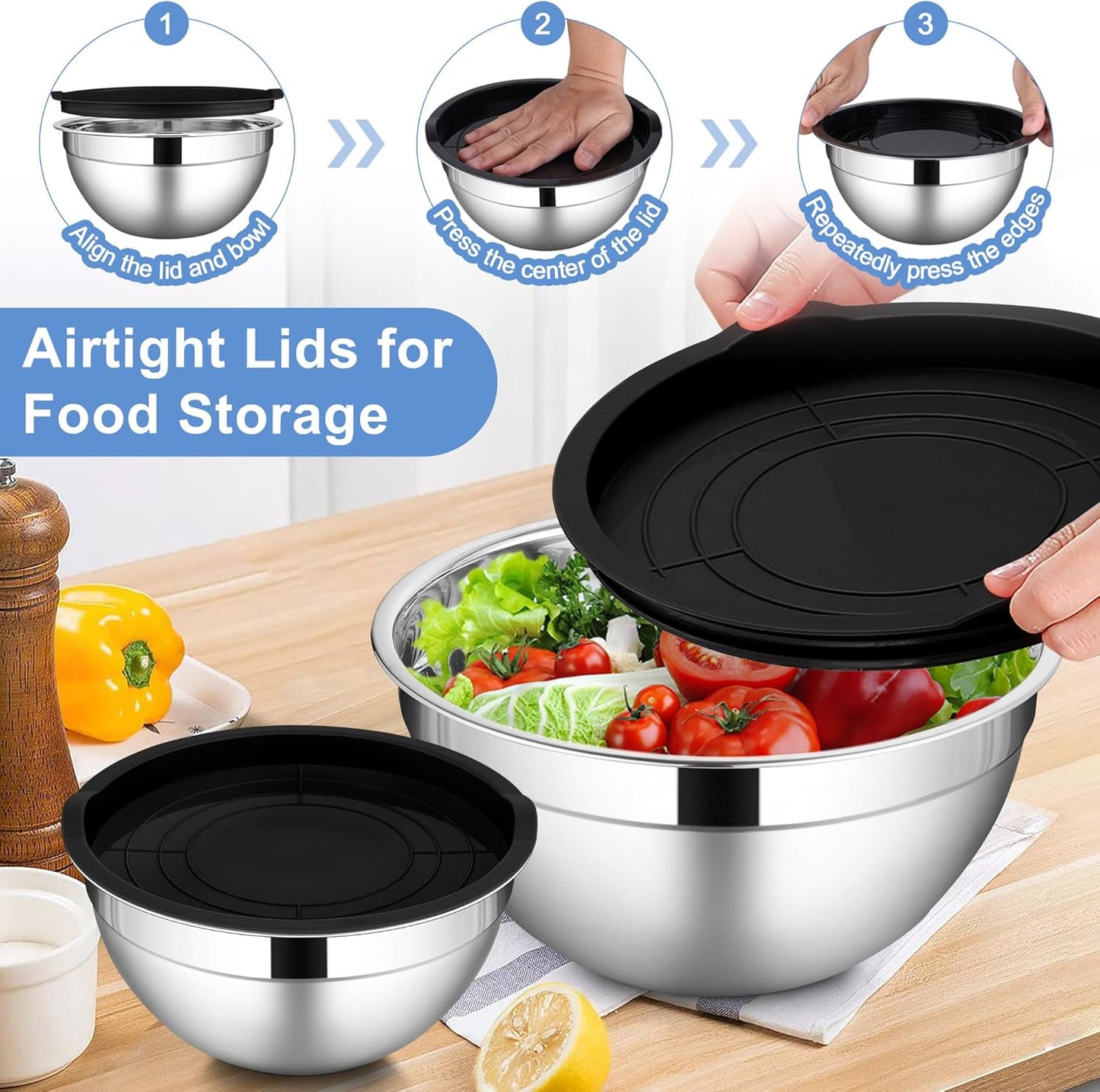 LIANYU Stainless Steel Mixing Bowls with Lids Set, Kitchen Nesting Metal Bowl Set of 6, Ideal for Salad Baking Cooking Serving Food Storage, Size 7, 3.5, 2.5, 2, 1.5, 1QT, Dishwasher Safe, Black