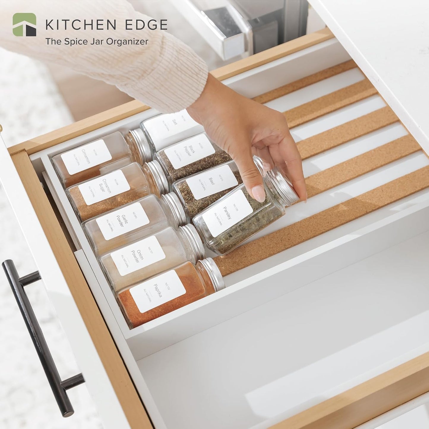 KitchenEdge Spice Drawer Organizer with Expandable Storage. Holds up to 15 Spice Jars (Not Included), Non-Slip Feet, Kitchen Accessory Storage, 100% Sustainable Bamboo Wood (White Bamboo)