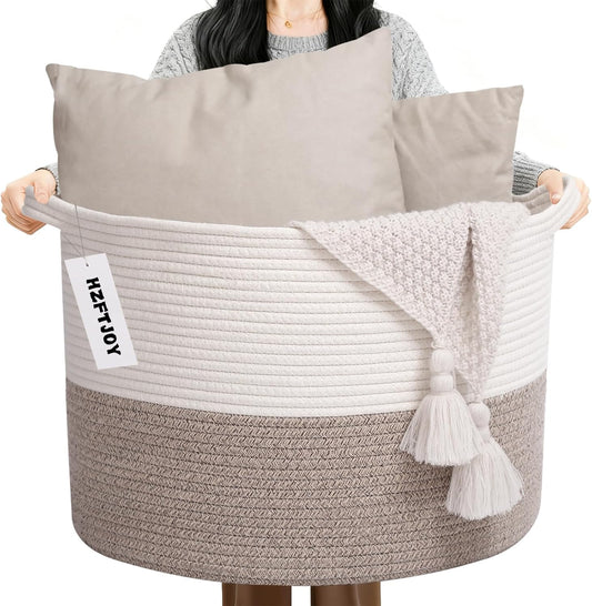 Large Blanket Basket for Organizing,65L Closet Organizers and Storage Bins Box for Shelves Woven Rope Storage Baskets,Living Room,Bedroom,Dorm,Laundry room (White&Brown)