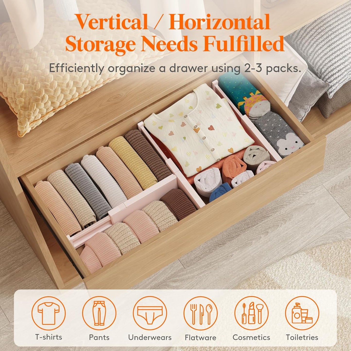 Lifewit 9 Pack Drawer Dividers 4" High, 11-17" Adjustable Drawer Organizers for Clothes, Expandable Dresser Separators in Bedroom/Bathroom/Kitchen/Fridge/Office Organization and Storage, Pink