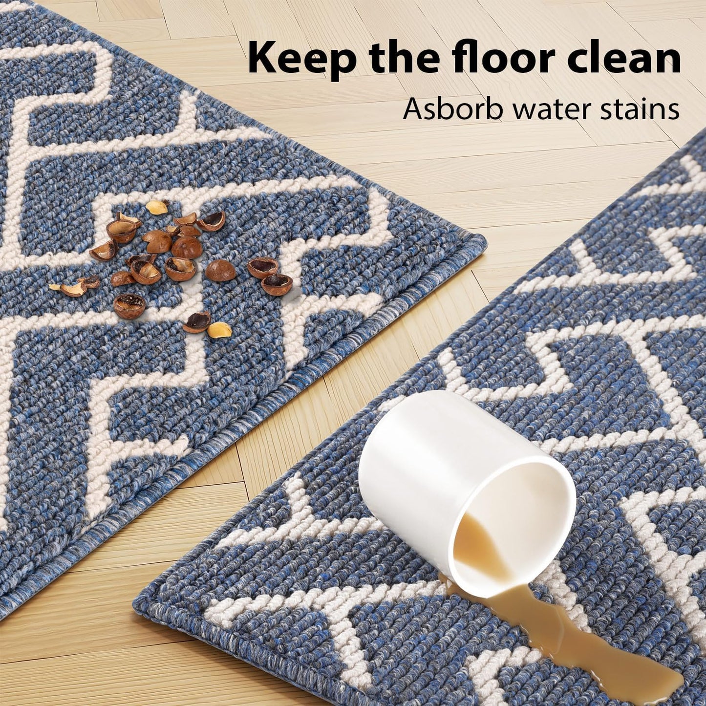 hicorfe Kitchen Rugs and Mats Sets,Non-Slip 2 Pieces Absorbent 100% Polypropylene Rug,Comfort Kitchen Runner Mat,Washable for Kitchen,Sink,Laundry(20" x 31.5" Plus 20" x 59",Navy Blue)