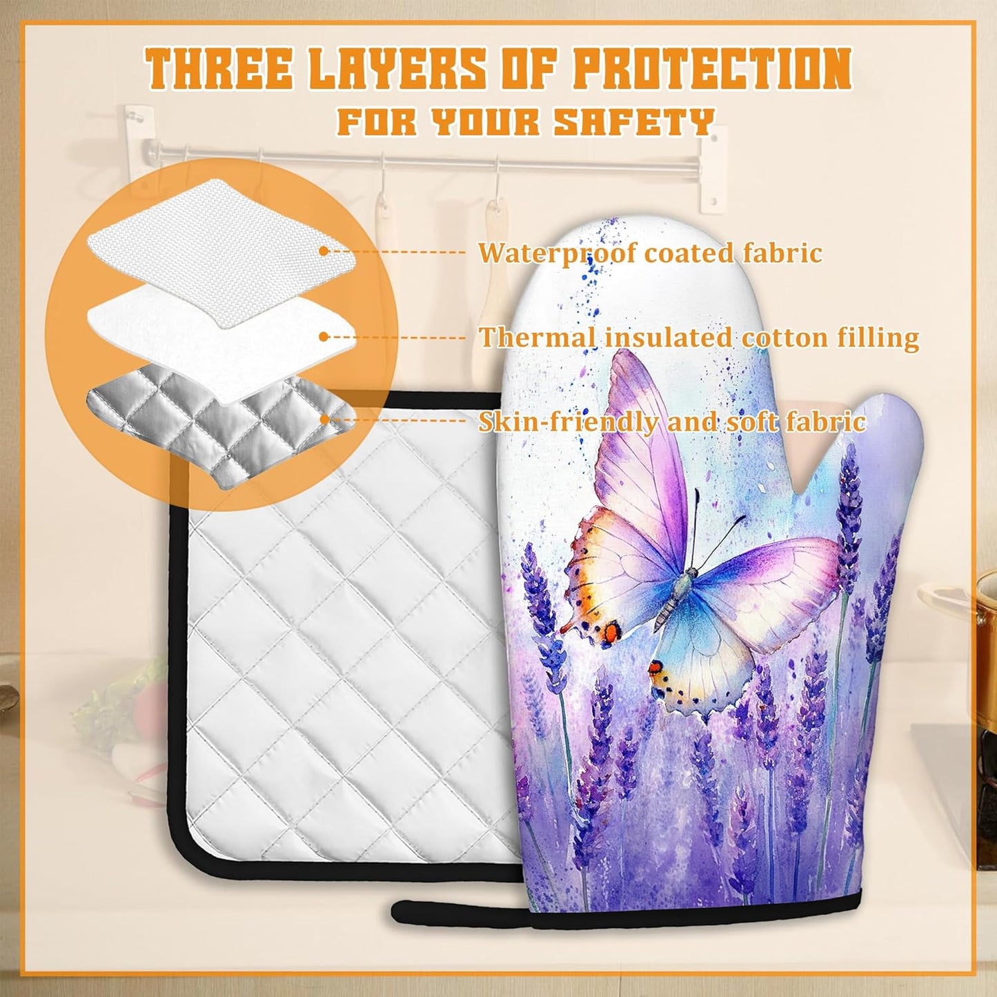 Purple Butterfly Oven Mitts and Pot Holders Set,Lavender Kitchen Oven Gloves and Pot Holder with Heat Resistant Non Slip for Cooking Baking Grilling(4 Piece Set)
