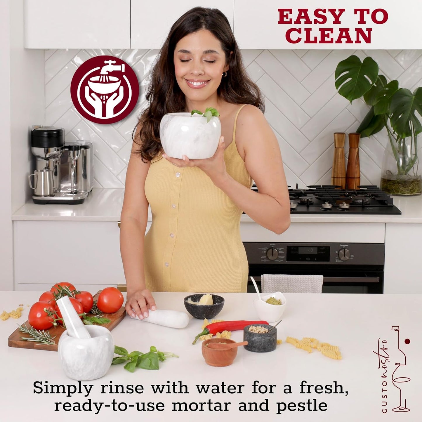 Gusto Nostro Natural Marble Mortar and Pestle Set | 5 Inch - 2.5 Cup Large Mortar Pestle Set for Grinding Herbs, Nuts, Grains | Pesto Grinding and Guacamole Stone Bowl | Marble Spice Crusher