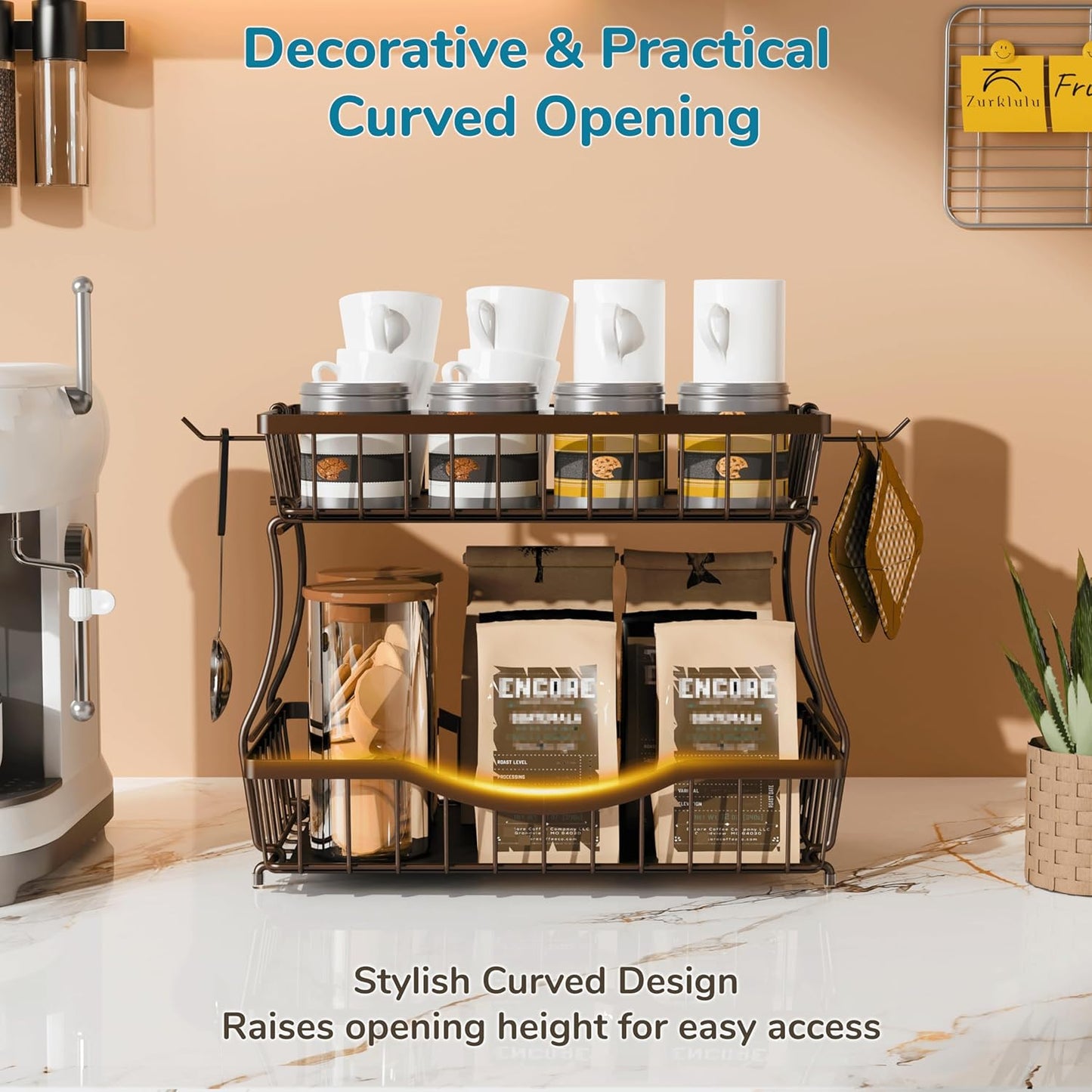 Large 2-Tier Fruit Basket for Kitchen Counter with 2 Banana Hangers – Metal Fruit Bowl for Onion, Vegetable, Snacks, Breads Storage – Countertop Organizer – Bronze